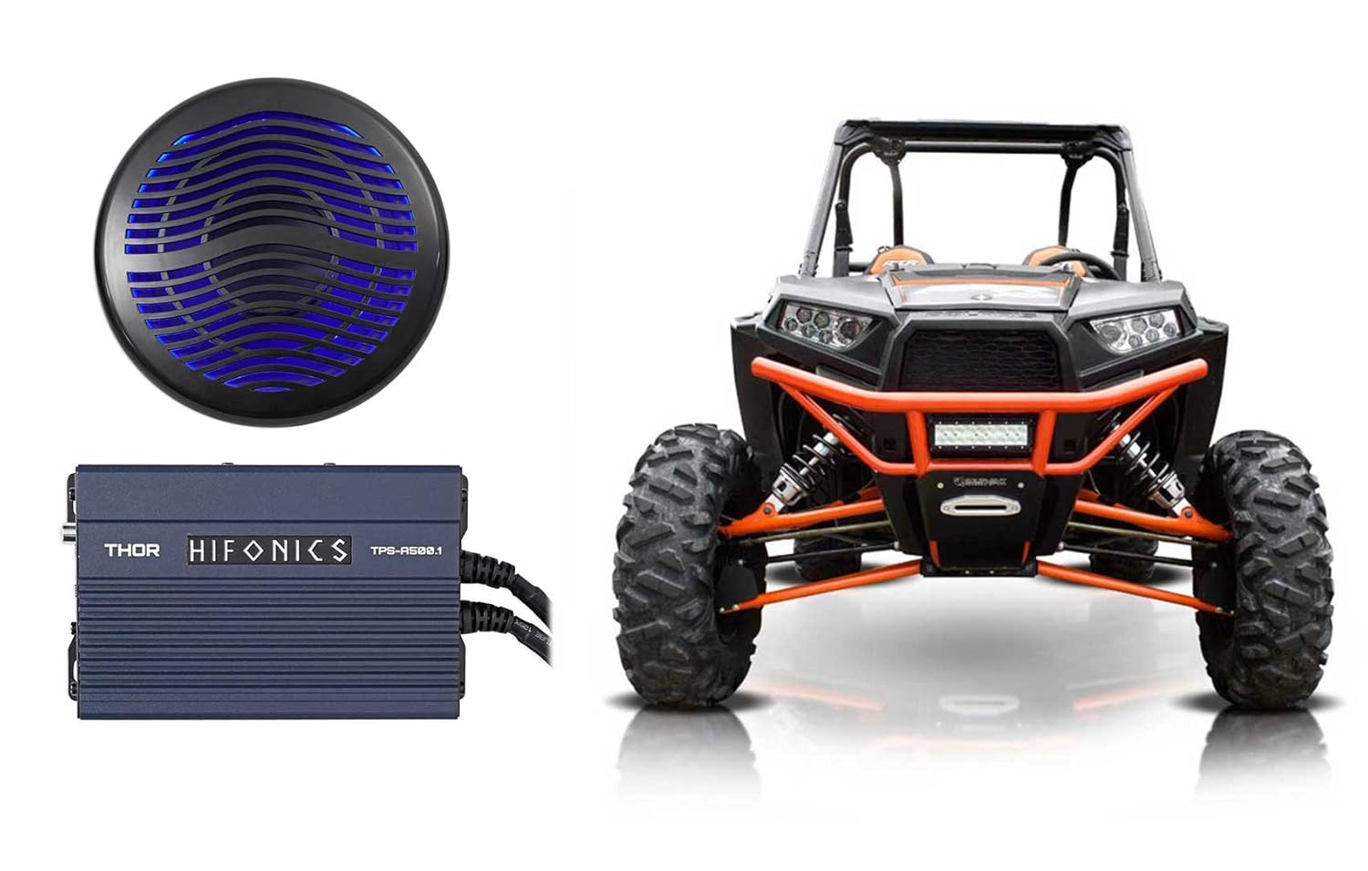 Hifonics TPS-A500.1 500w Mono Marine Sub Amplifier Compatible with Polaris RZR/ATV/UTV/Cart Bundle with RockvilIe MS12LB 12