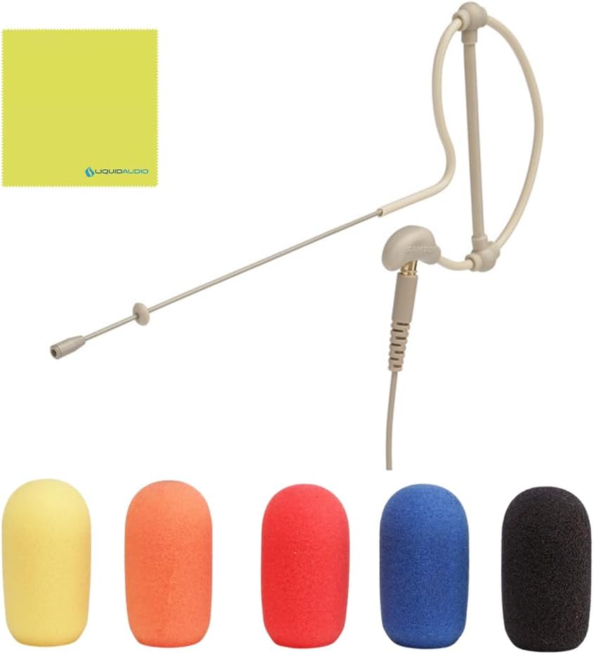 Samson SASE50TX Omnidirectional Earset Condenser Microphone Bundle with 5X Samson Windscreens & Polishing Cloth – 2.5mm Capsule, IP65-Rated, Moisture-Resistant Design (Beige)