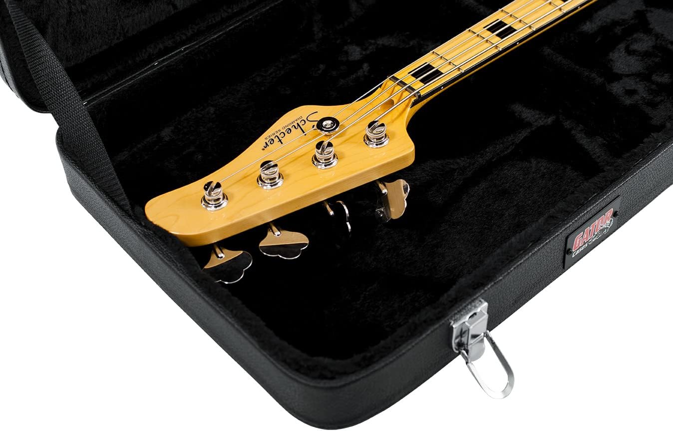 Gator GWE-BASS Wood Case for Precision/Jazz Bass Style Bass Guitars Bundle with Strap, Cable, and Austin Bazaar Polishing Cloth
