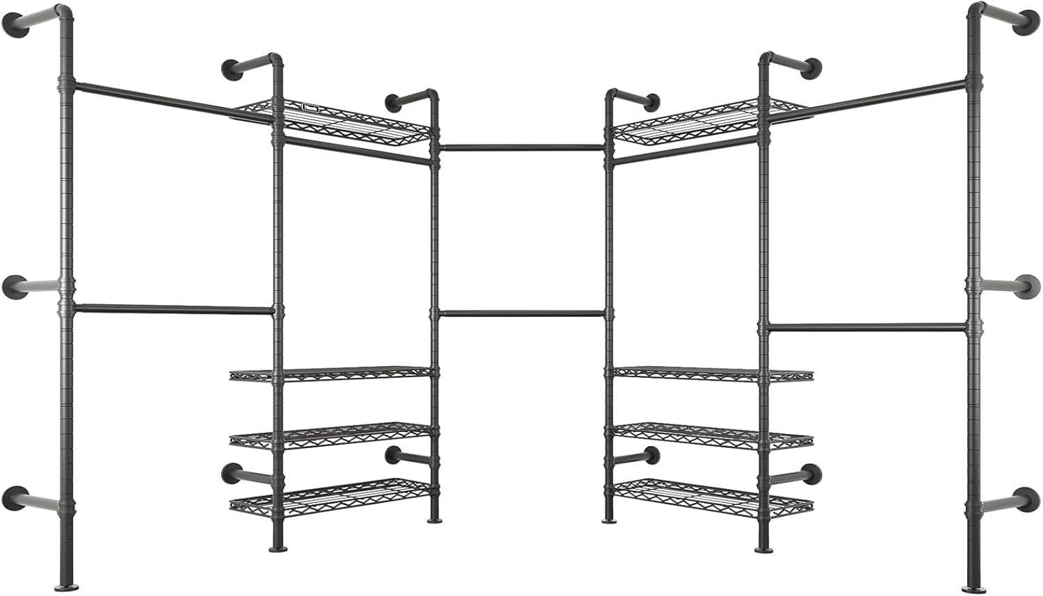 Timate L5 Expandable Closet Rack Wall Mount for Corner, L Shape Heavy Duty Hanging Garment Rack Clothing Rack with 8 Adjustable Shelves & 4 Hanger Rods, Closet System for Hanging Clothes, Black