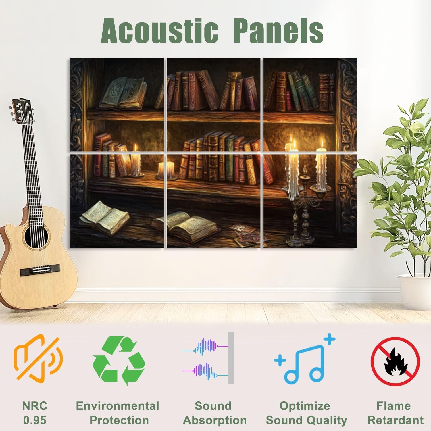 6 Pack Art Acoustic Panels Sound Absorbing Retro Bookcase Bookshelf Books Candles Wooden Shelf Ornate Open Warm Decorative Soundproof Wall Panels Self Adhesive for Recording Studios Office 72