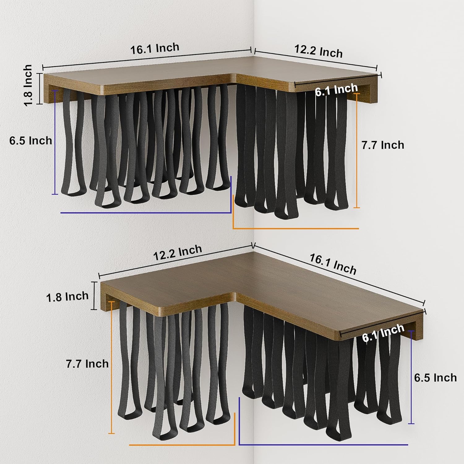 Floating Bookshelves for Wall Set of 2 - Corner Floating Shelves for Books, Rubberwood Wall Mount Bookshelf, Unique Wall Bookshelf with Elastic Strap,Hanging Bookshelves for Wall-Walnut Color