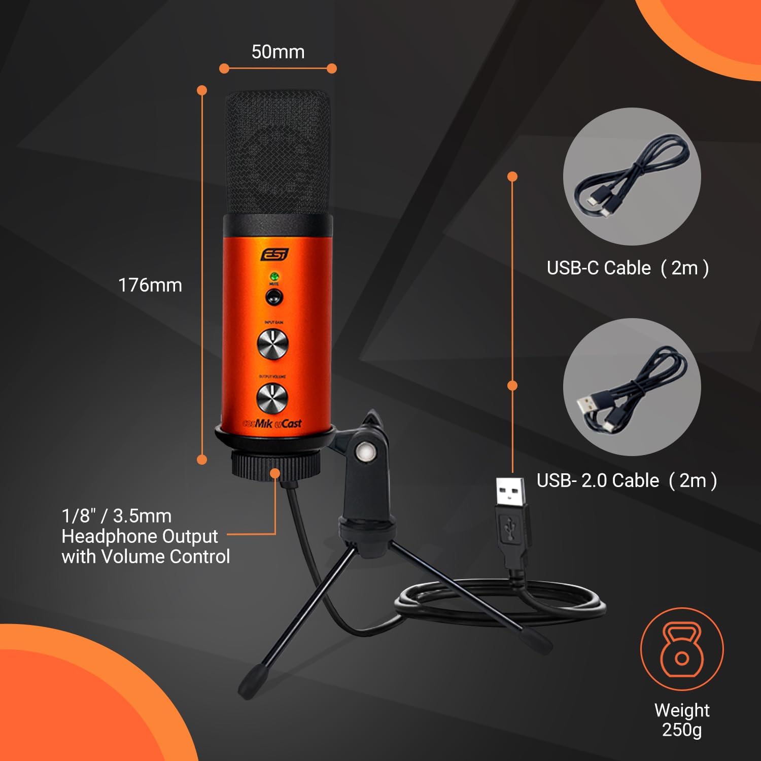 ESI cosMik uCast | USB Microphone, Cardioid Condenser Computer Microphone for Gaming, Streaming, Podcasting, 2m USB-C Cable, Mute Button, Built-in Headphone Jack, Gain Control, USB Mic for PC & Mac