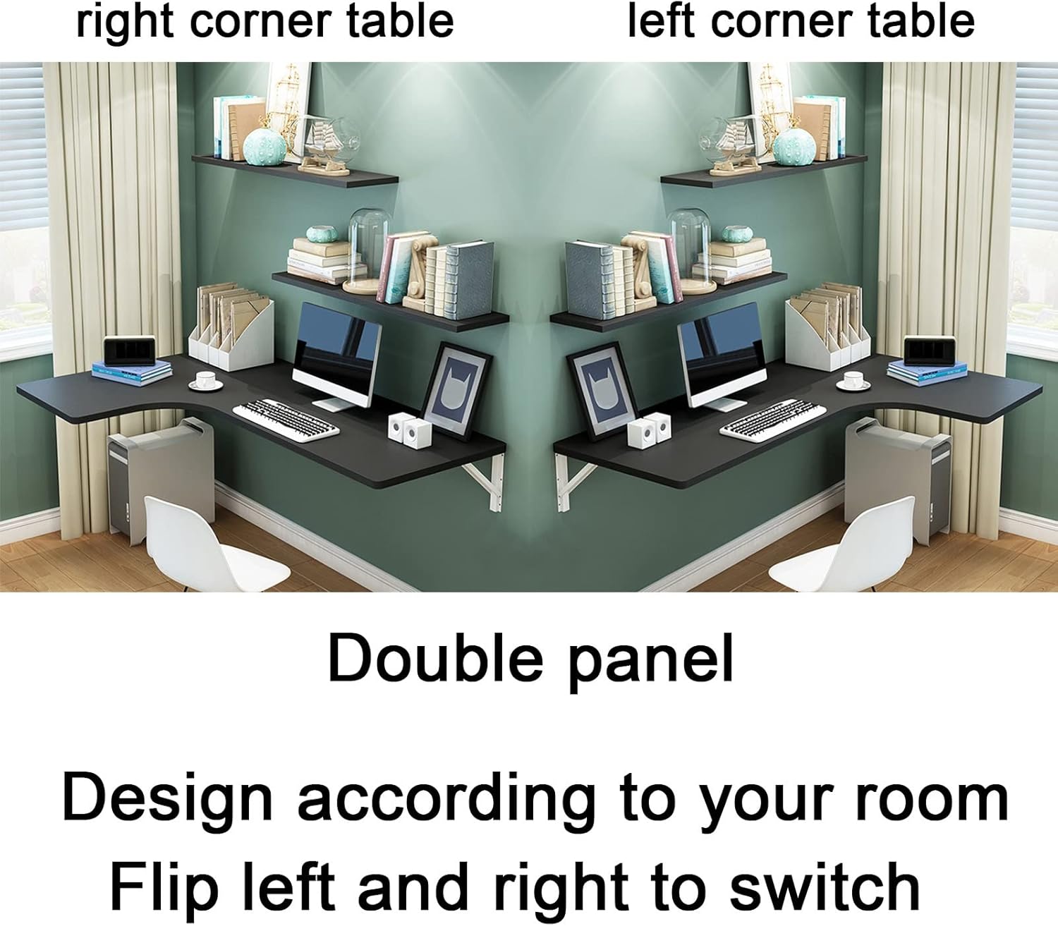 LIGUOYI Corner Wall Mount Folding Table, L 24in ~ 47in Multifunction Computer Desk Home Office Table, Wooden White Black Study Table, Space Saving Folding for Study, Bedroom, Office, Home