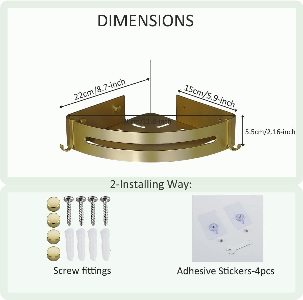 Brushed Gold Bathroom Corner Shelves Wall Mount Shower Caddy with Hooks and Shampoo Holder 2 Pack Drilling or Adhesive Installation