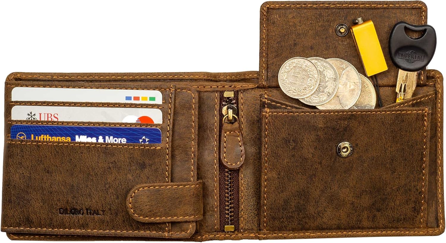DiLoro Full Size Large Mens Leather Bifold Wallet Flip ID Zip and Coin Compartment with RFID Protection Anti Theft
