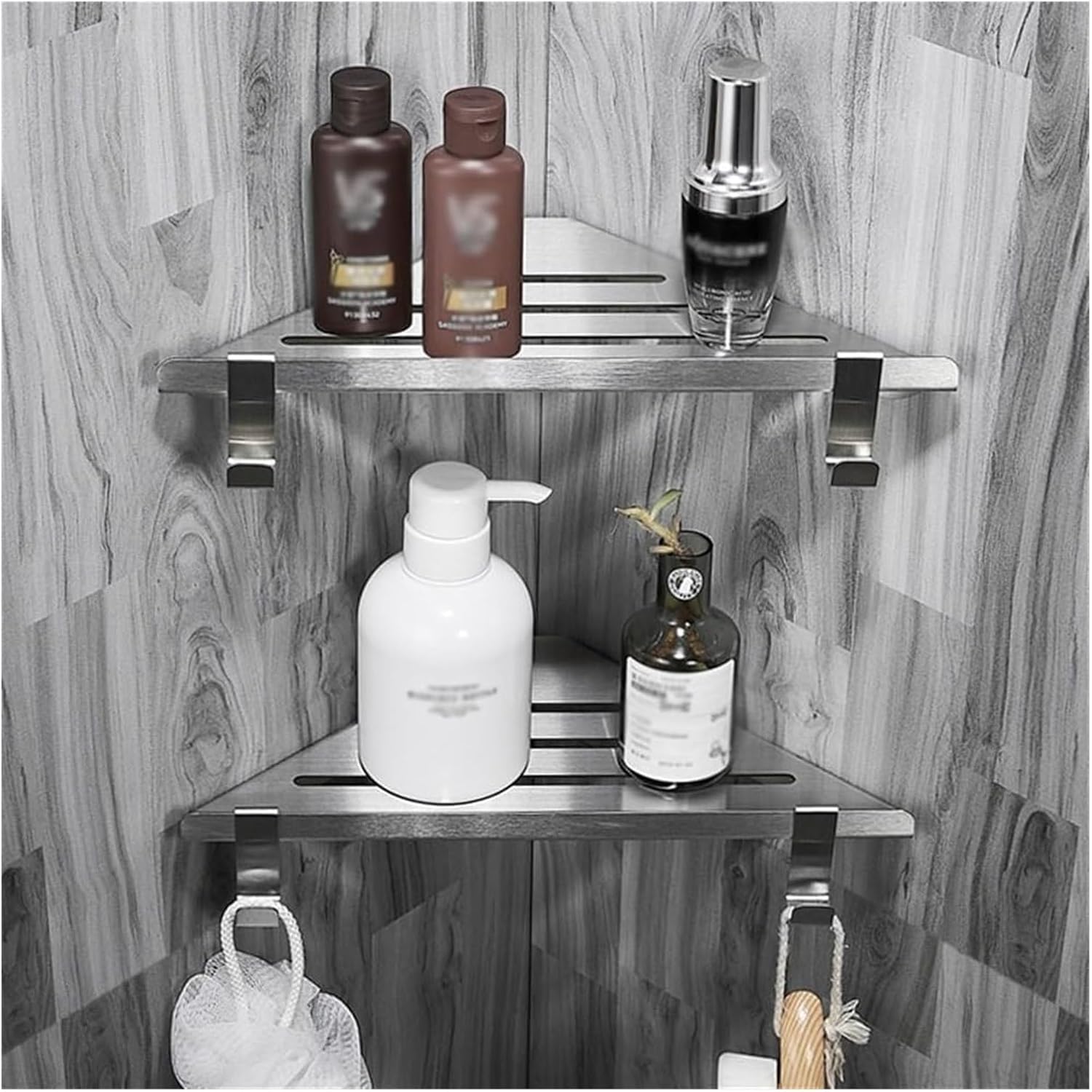 Suction Cup Bath Shelves, Bathroom Wall Shelf Floating Corner Shelf for Shower Wall, Brushed Stainless Steel Corner Shower Shelves with 2 Movable Hooks