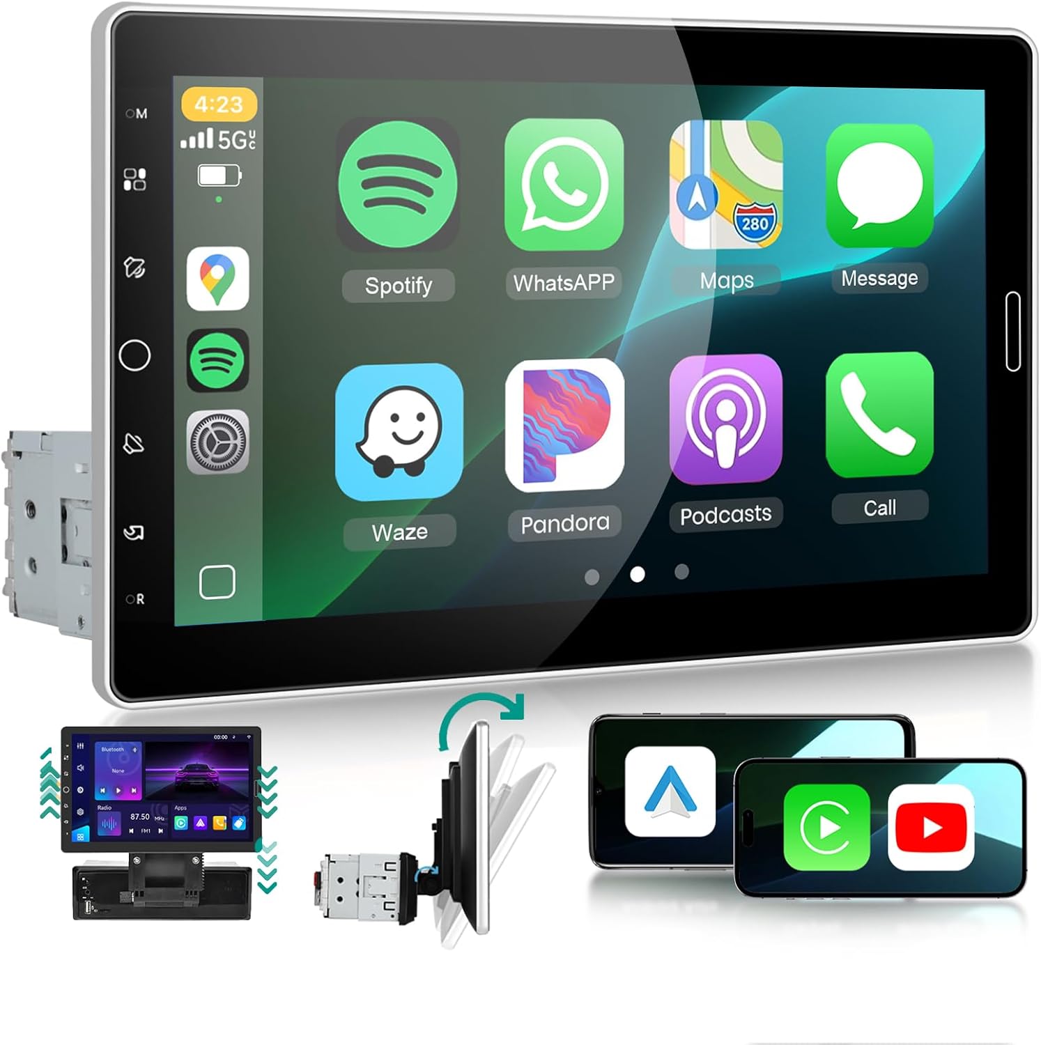 10.1'' Single Din Car Stereo with Carplay Android Auto AM/FM/RDS, Single Din Detachable IPS Touchscreen Radio with BT Online Video Mirror Link EQ SWC USB AUX Mic Backup Camera for Car Audio Upgrade