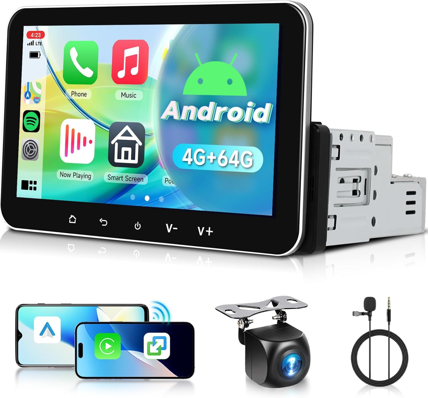 4G+64G Single Din Car Stereo Android with Wireless Carplay & Android Auto, Driauto 7 Inch Touchscreen GPS Navigation, 1 Din Screen Car Radio with Bluetooth, WiFi, FM/RDS Radio EQ USB Backup Camera