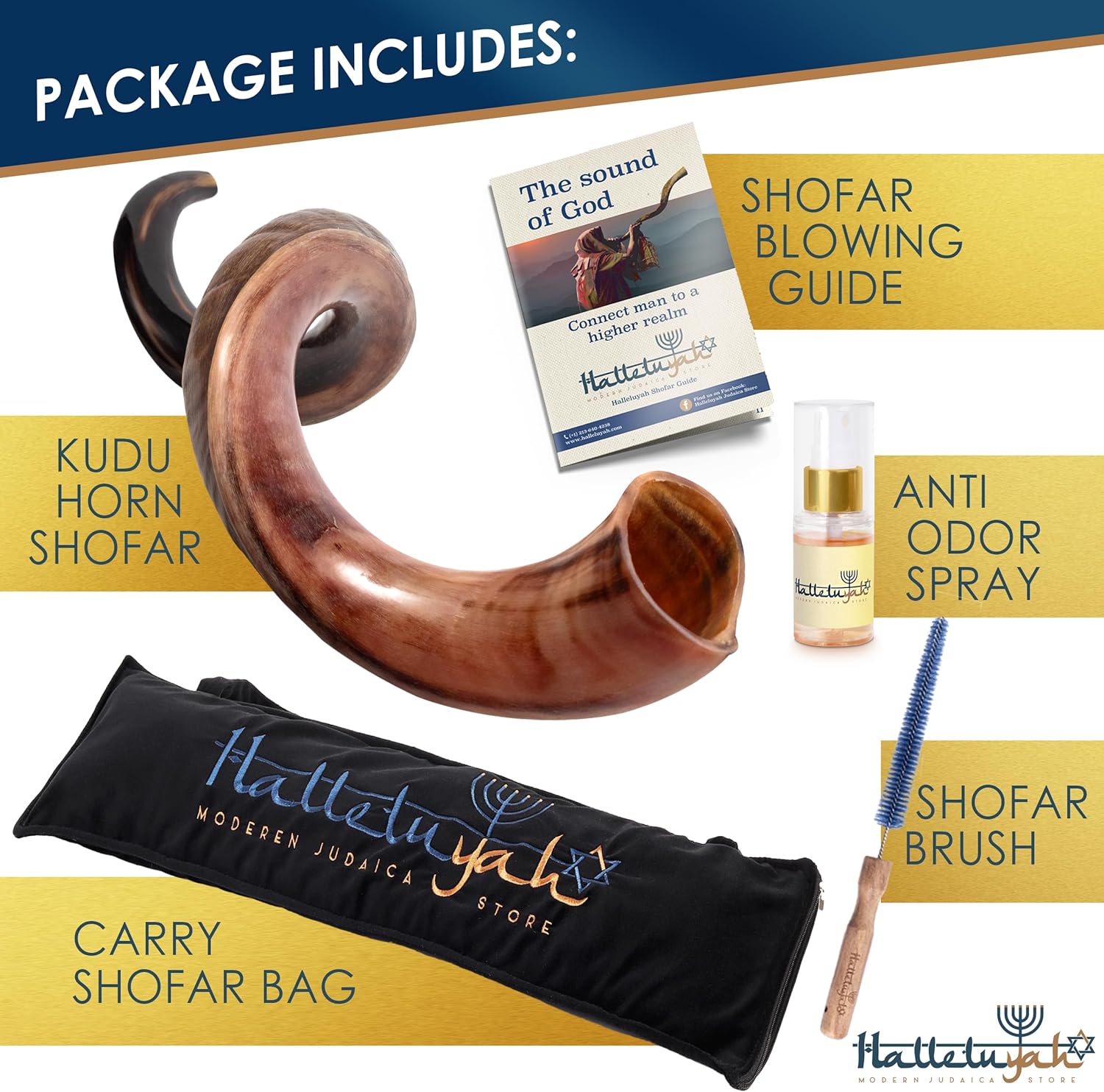 HalleluYAH Original Kosher 35”-39” Half-Polished Kudu Shofar From Israel