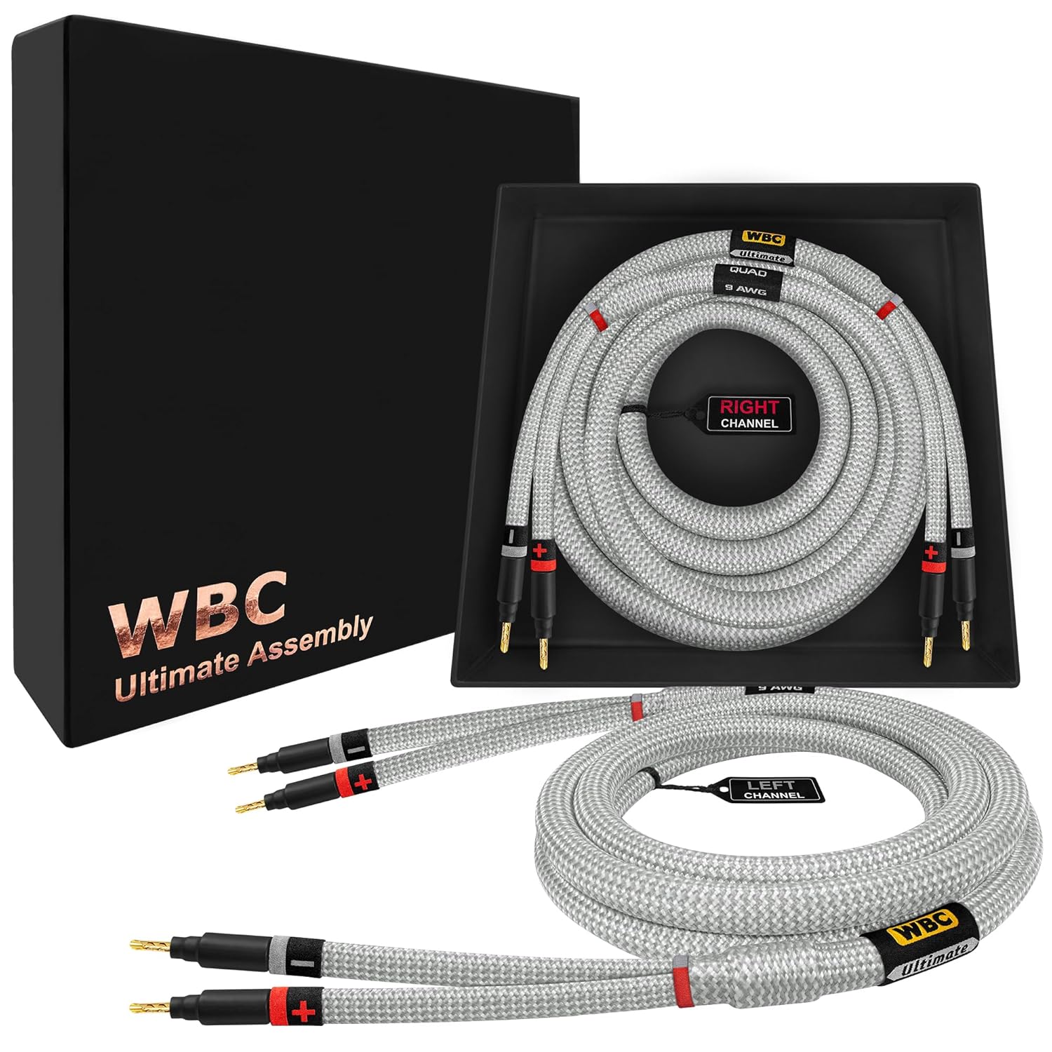 WORLDS BEST CABLES 8 Foot Ultimate - 9 AWG - Ultra-Pure OFC - Premium Audiophile HiFi Speaker Cable Pair with Eminence Gold Banana Plugs & Silver Tweed Jacket