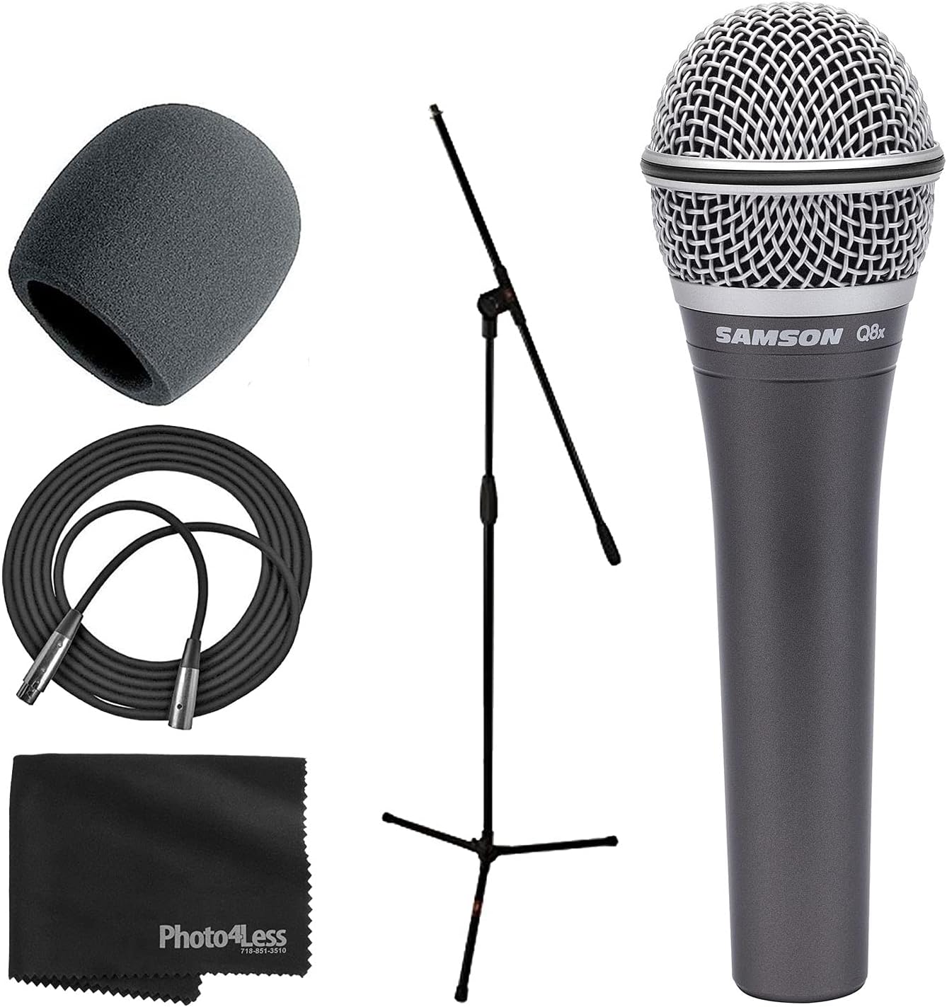 SAMSON Q8x Dynamic Supercardiod Handheld Microphone, Foam Windscreen, Tripod Base Mic Stand, Mic Cable, Cloth