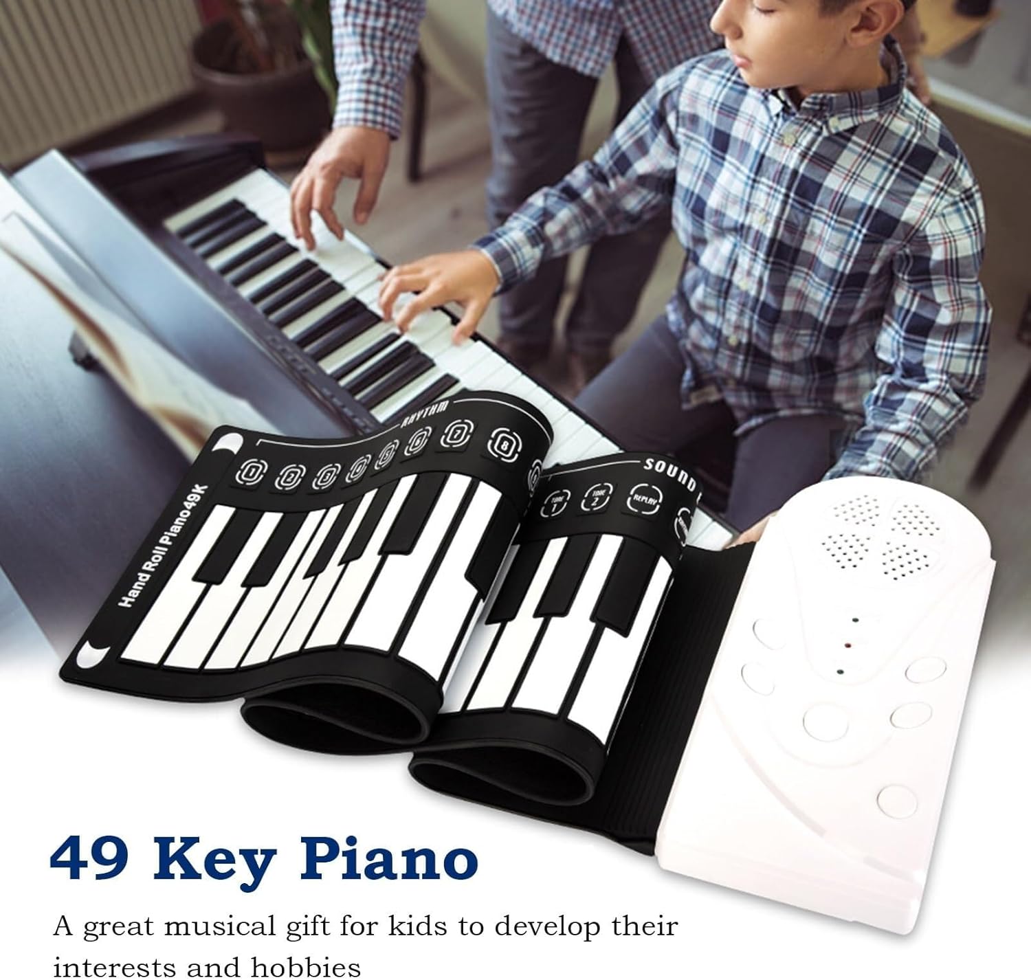 49-Key Roll Up Piano, Portable Silicone Keyboard with Built-in Speaker, Headphone Support, Perfect for Beginners, Battery or USB Powered (White)(White)