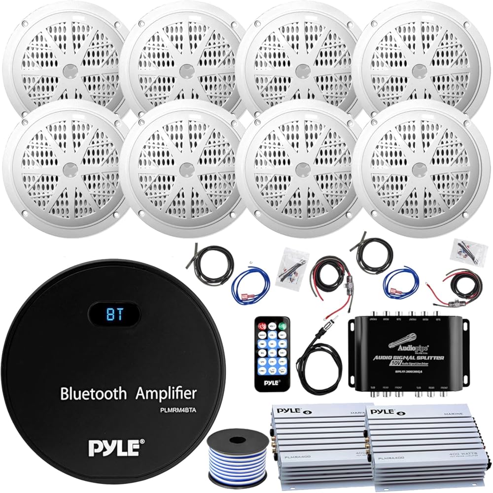 36' - 42' Boat Audio Bundle: Pyle Gauge Style Marine Water Resistant Bluetooth USB/AUX Amplifier Receiver, 8X 6.5'' 150W Boat Speakers W/Wire, 2X 4 Channel Amplifier W/Kit, Signal Splitter, Antenna