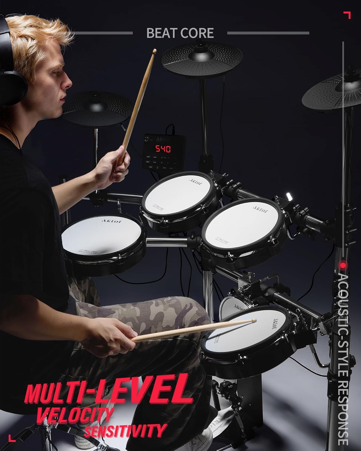 AKLOT Electric Drum Set with Kick-Tower: 4 Dual Zone Mesh Pads, 8’’ Tower-Style Kick Drum, 10’’ Snare, Dual Zone 10’’ Cymbals with Choke, 360 Sounds, User Kit, USB-MIDI, Throne, B-CORE 540 Air, Silver