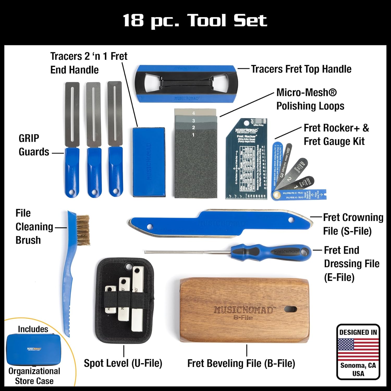 MusicNomad Premium Guitar Tech Fret Tool Set - 18 pc. kit for leveling, crowing, beveling, polishing (MN880)