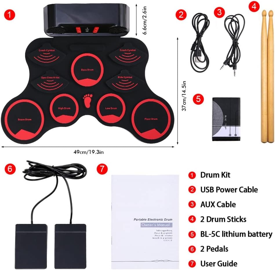 Portable Electronic Drum Set Digital Foldable MIDI Kit 9 Silicon Durm Pads Built-in Stereo Speakers (Color : As Shown, Size : One Size)