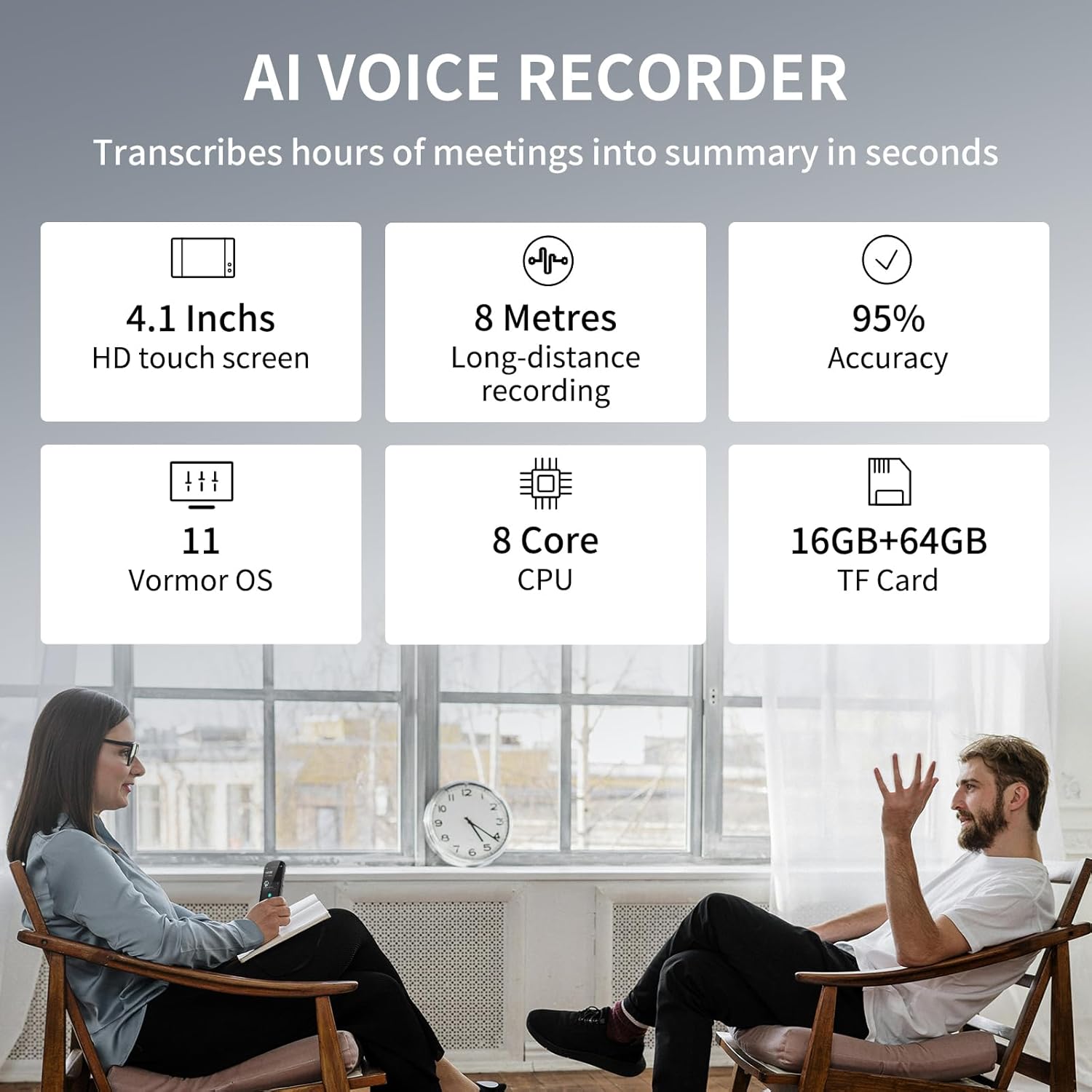 AI Voice Recorder with Playback, 80GB Memory Note Recorder Supports 134 Languages & Real Time Transcription and AI Summary, Audio Digital Device for Meetings, Lectures, Interviews