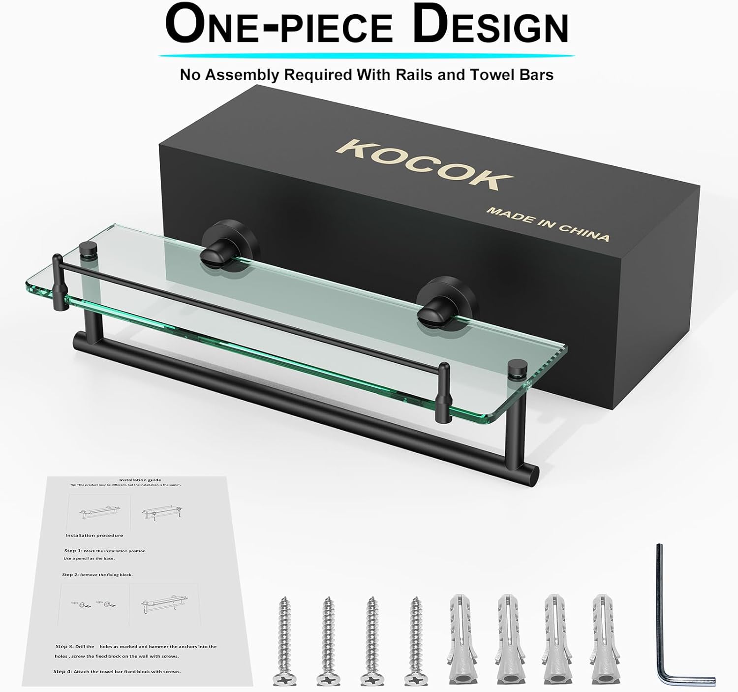 Bathroom Shelf Glass Shelf 2 Pack,16-Inches Floating Glass Shelves Towel Bar/Track(Matte Black)