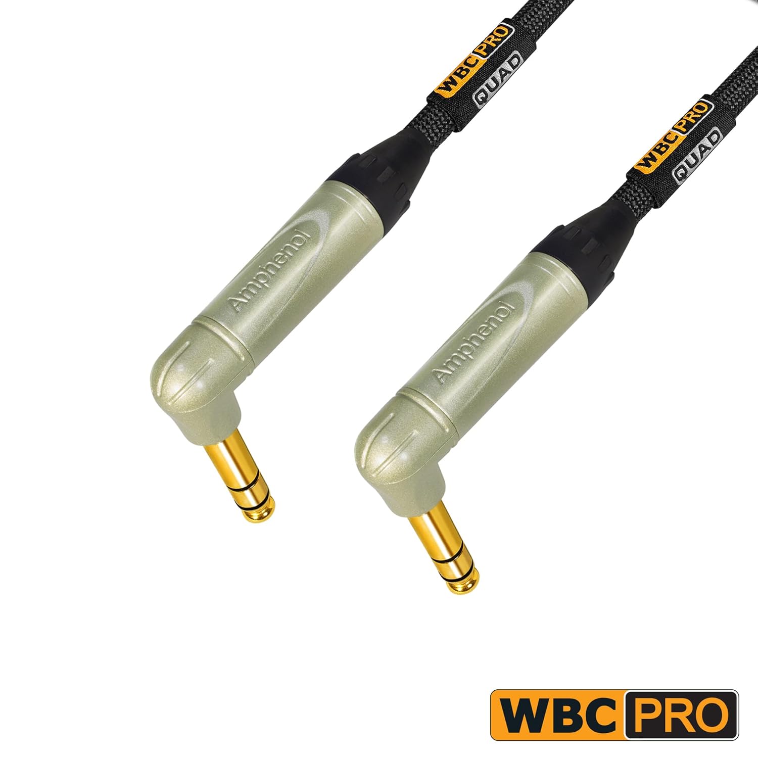 4 Units - 8 Foot - WBC-PRO-Quad Ultra-Silent Ultra-Flexible Balanced Star-Quad Cable with Amphenol QS3R-AU ¼ Inch (6.35mm) Gold Right-Angled TRS Stereo Phone Plugs & Black Tweed Jacket