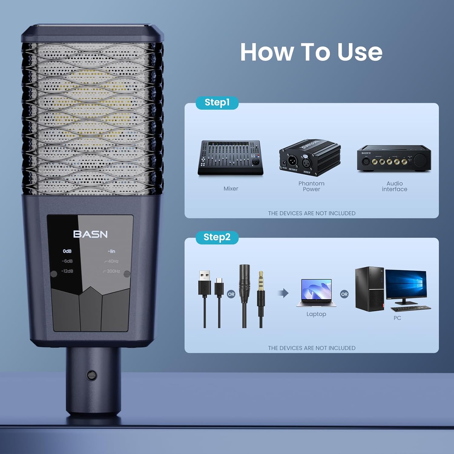 BASN BMS2 Cardioid Condenser Microphone, Large Diaphragm XLR Studio Recording Mic for Podcasting, Singing, Streaming (Blue)