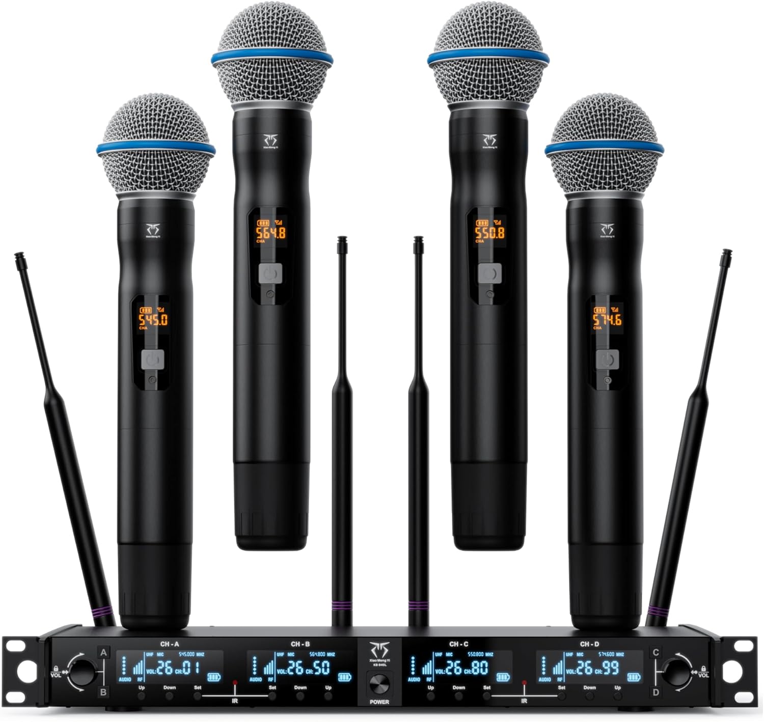 4-Channel Wireless Microphone System, 4 Handheld Dynamic Mic, 200 UHF Frequencies, Auto Scan, 400ft Long Range, Suitable for Singing, Karaoke, Wedding, Performance