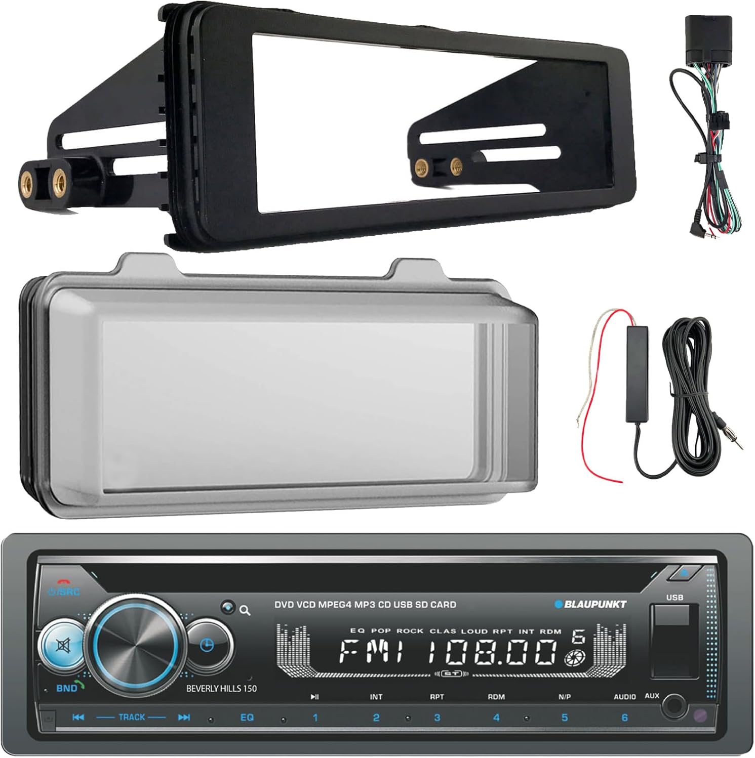 Blaupunkt Hamburg Single DIN Retro Classic Bluetooth USB/AUX AM/FM Radio Stereo Receiver W/Stereo Install Kit + Weather Shield Receiver Cover, 12V Amplifier Booster Kit