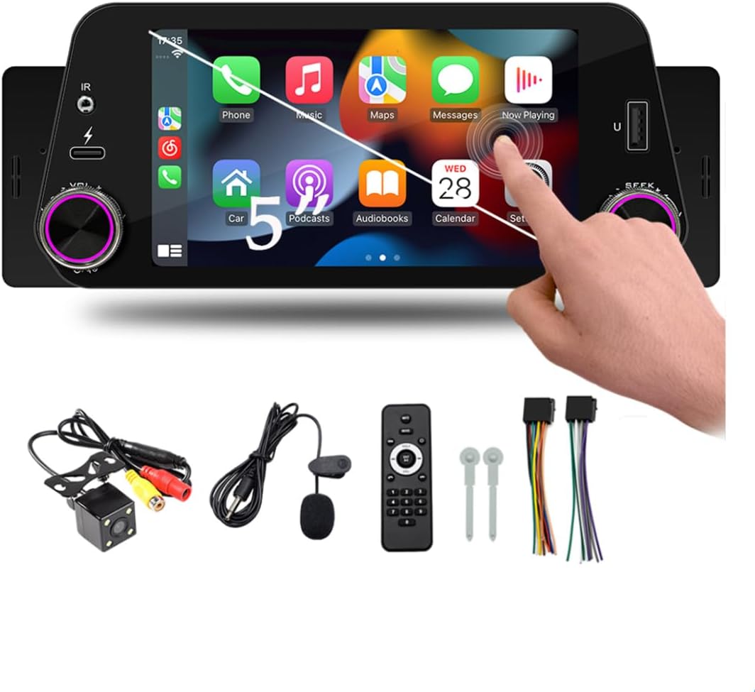 5 Inch Touch Screen 1Din Car Stereo Built-in CarPlay/Android Auto/Mirror-Link,Radio Receiver with Bluetooth 5.1 Handsfree,FM USB Tpye C Audio Video Player+4LED Camera+Microphone