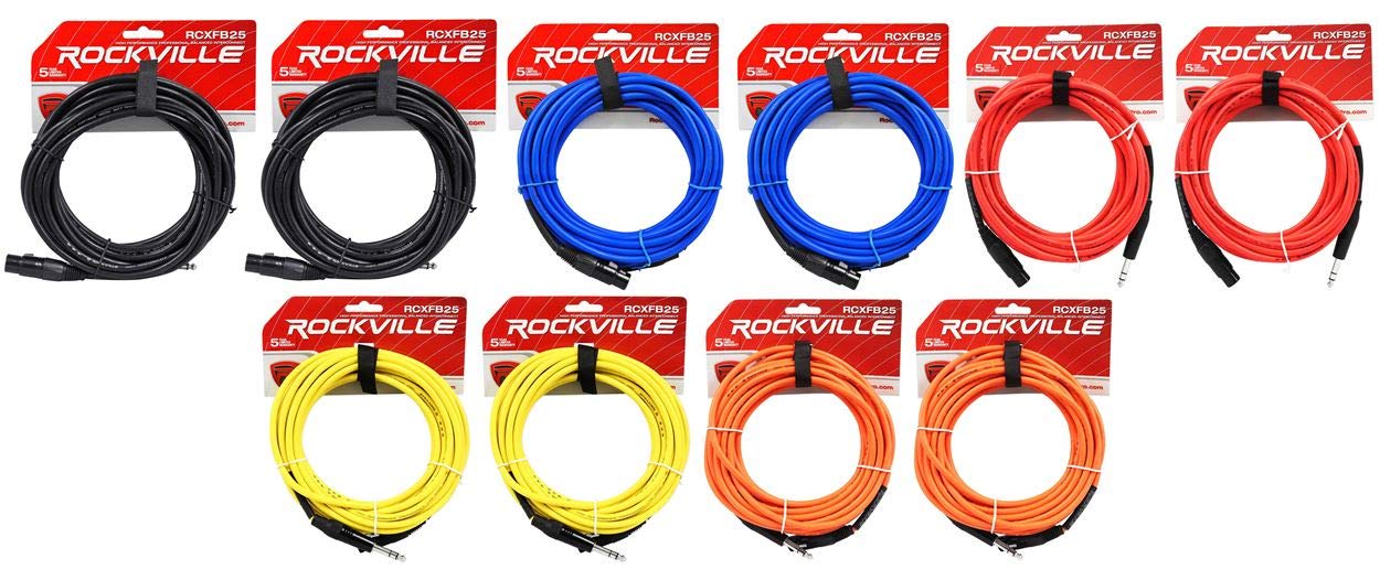 Rockville (2 RCXFB25B 25' Female REAN XLR to 1/4'' TRS Cables Black Bundle with (2) RCXFB25BL Blue, (2) RCXFB25O Orange, (2) RCXFB25R Red, (2) RCXFB25Y Yellow Cables (10 Items)