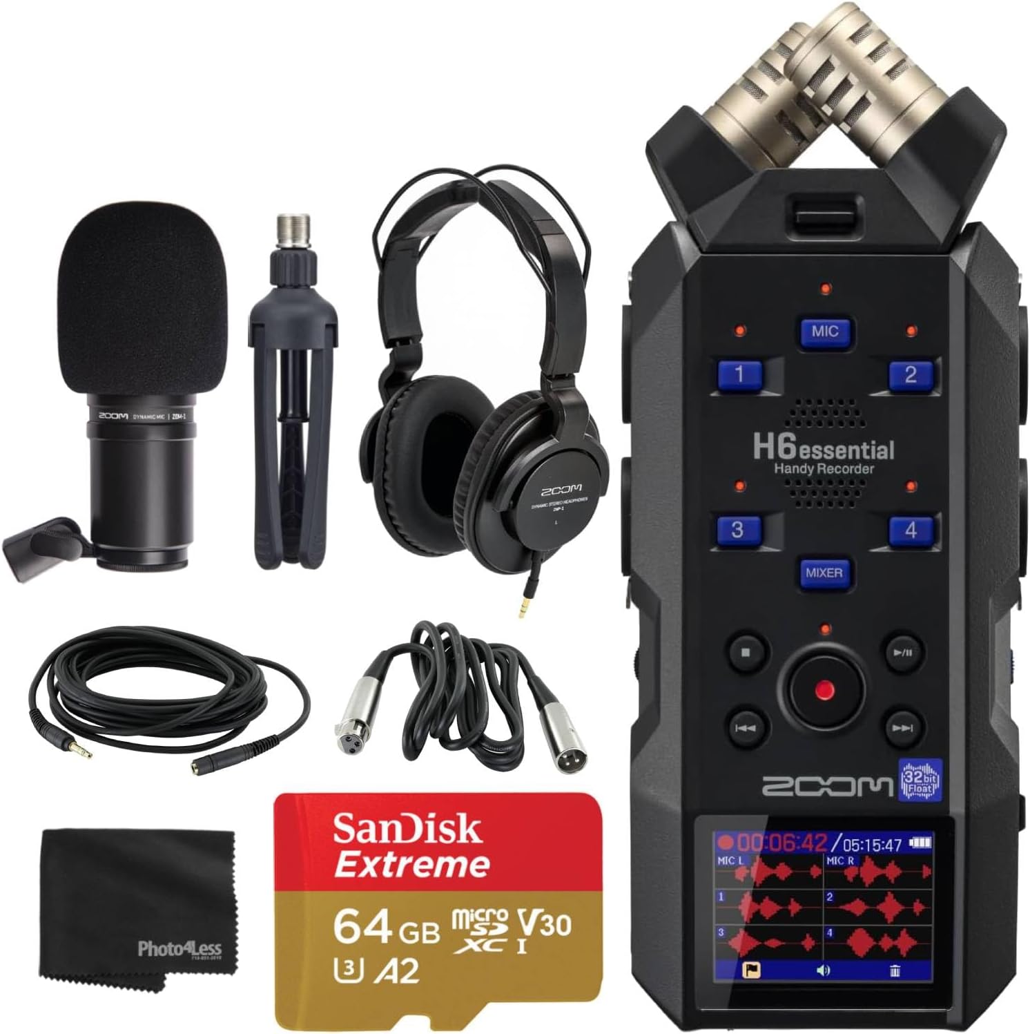 Zoom H6essential with 32-Bit Float, Accessibility, 6-Track Portable Recorder, Stereo Microphones, 4 XLR/TRS Inputs, Records to SD Card, USB Audio Interface, for Musicians, Podcasters, Filmmakers