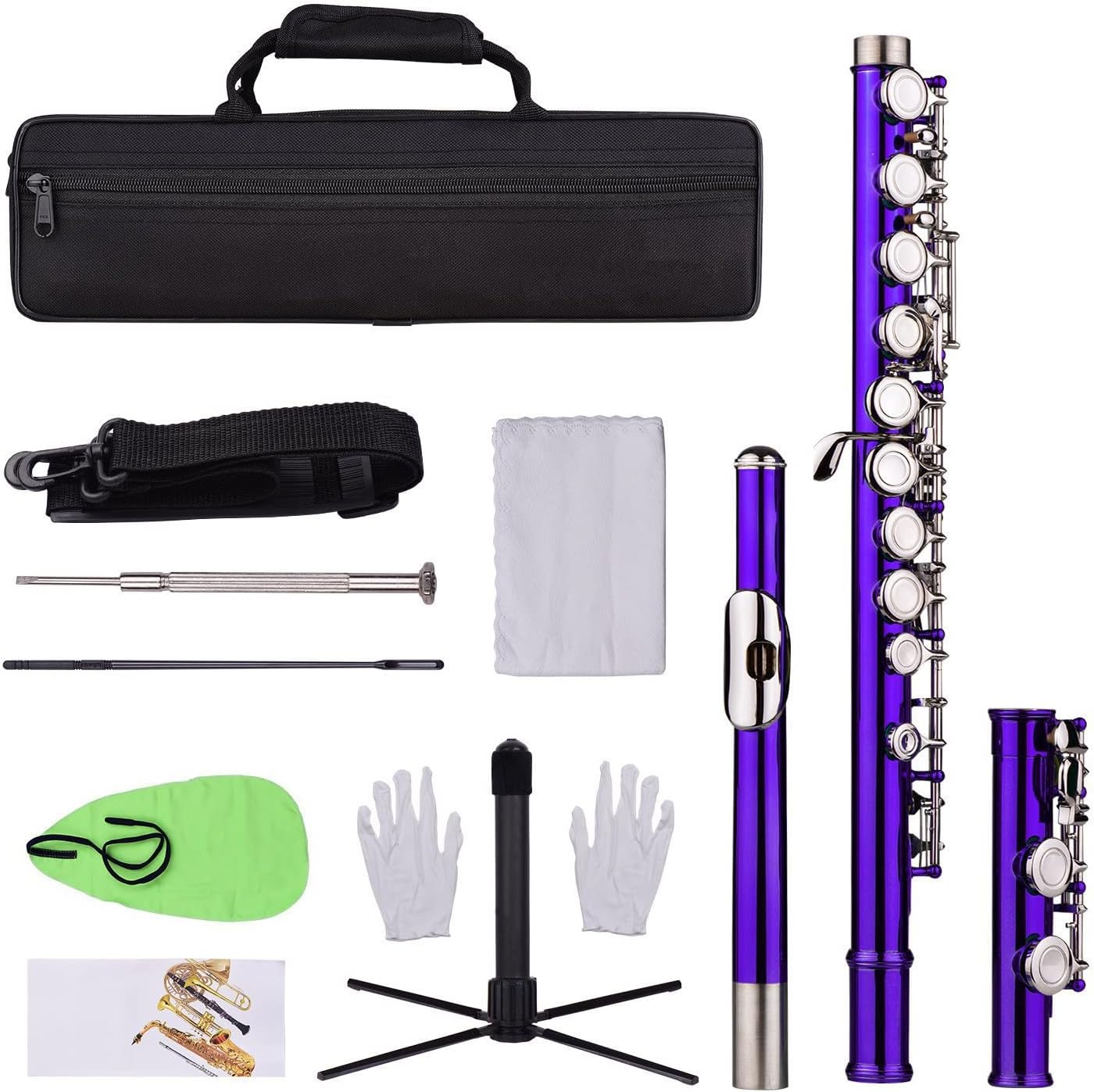 Flute Musical Instrument Closed Hole C Flute 16 Keys Cupronickel Nickel- Plated Wind Instrument with Carry Case Flute Stand Gloves Cleaning Cloth Starter Flute (Color : Purple)
