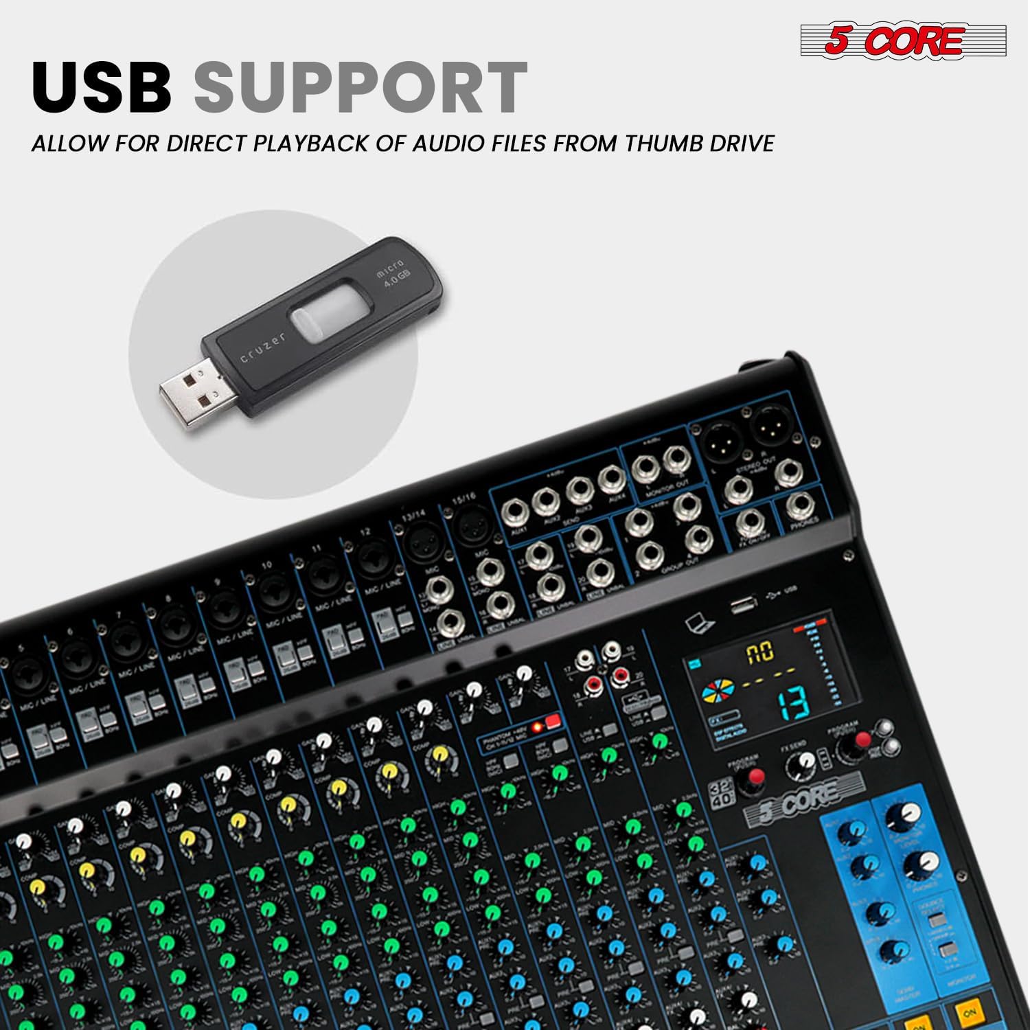5Core DJ Audio Mixer 20 Channel Professional Stereo Sound Board w 256 digital effects USB Bluetooth 48V Phantom Power Consola De Audio for Studio Recording Podcasting DJ Show - MX 20CH XU