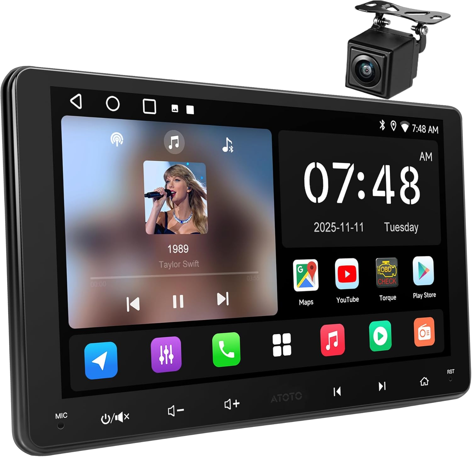 9-Inch Android Double-DIN Car Stereo, Wireless CarPlay&Android Auto Head Unit with GPS Tracking, WiFi/Bluetooth/USB, 24B EQ&DSP, FM/AM/RDS, HD LRV, Backup Camera Included