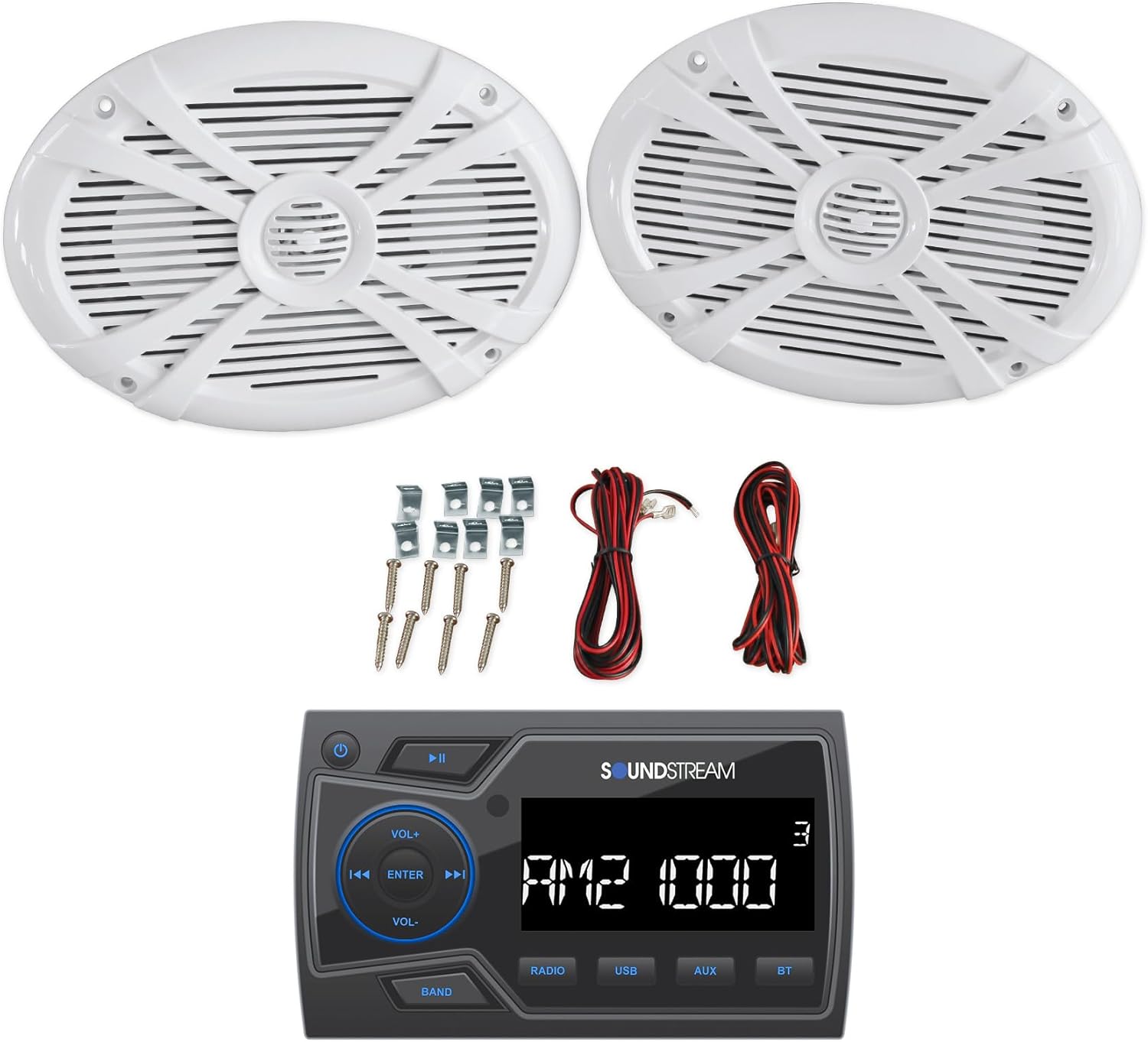 Audiosavings Bundle: Soundstream MHU-32 Marine ATV/UTV Digital Media Receiver Bluetooth/AUX/USB Bundle with Pair Rockville RMSTS69W 6x9 1000w Waterproof Marine Speakers 2-Way White (2 Items)