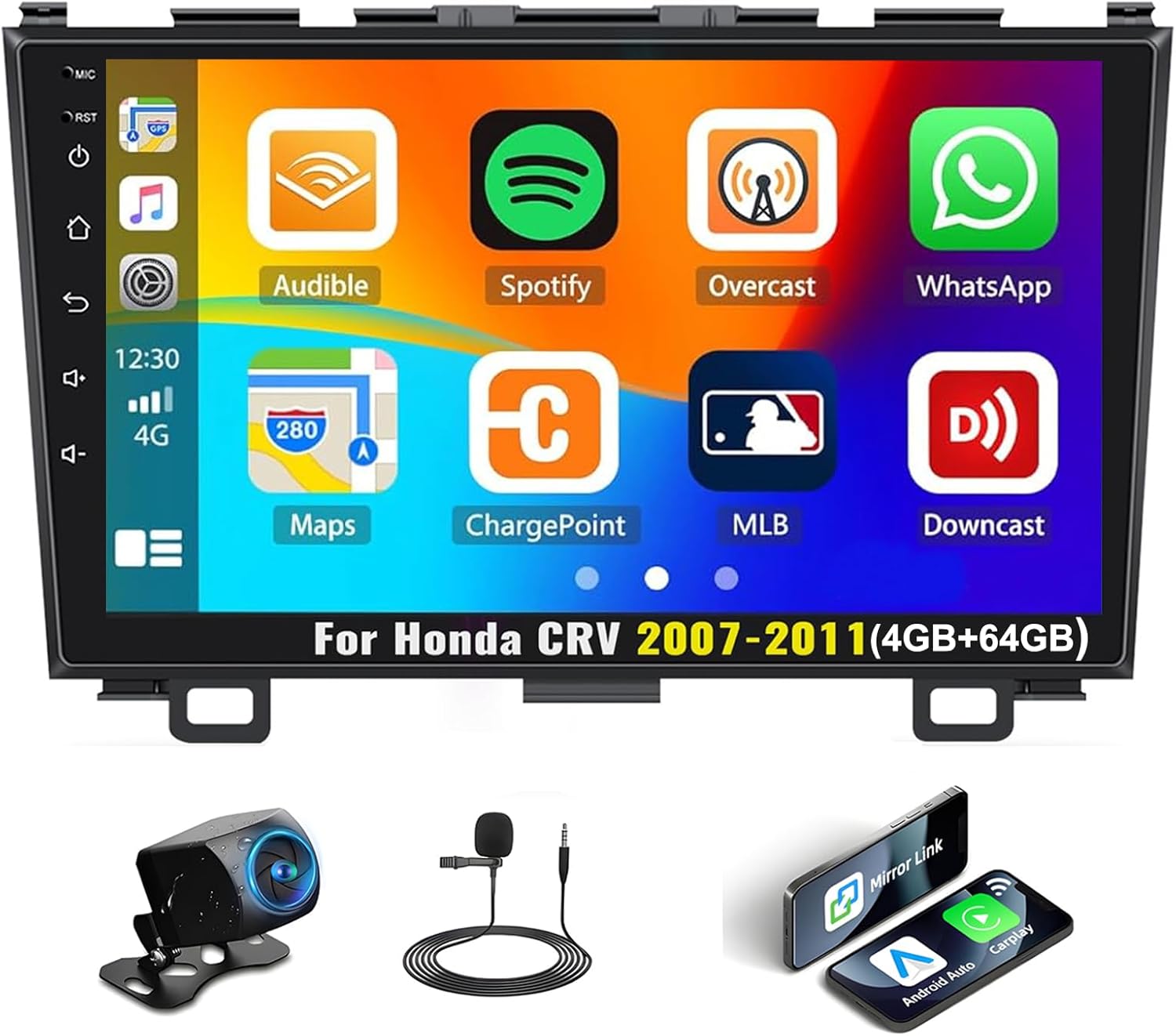 [4G+64G] Android 13 Car Stereo Radio for Honda CRV 2007-2011 Apple Carplay Android Auto 9 Inch 1280 * 720 HD Touch Screen GPS Navigation Bluetooth 5.0 32EQ FM/RDS Mirror Link WiFi, Backup Camera Mic