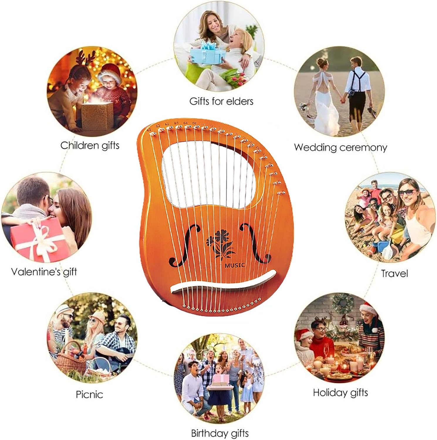 Lyre Harp 19 String Solid Wood String Instrument Heptachord Mahogany with Tuning Wrench, Picks and Bag, Best Gift for Beginners Music Lovers (Color : H)