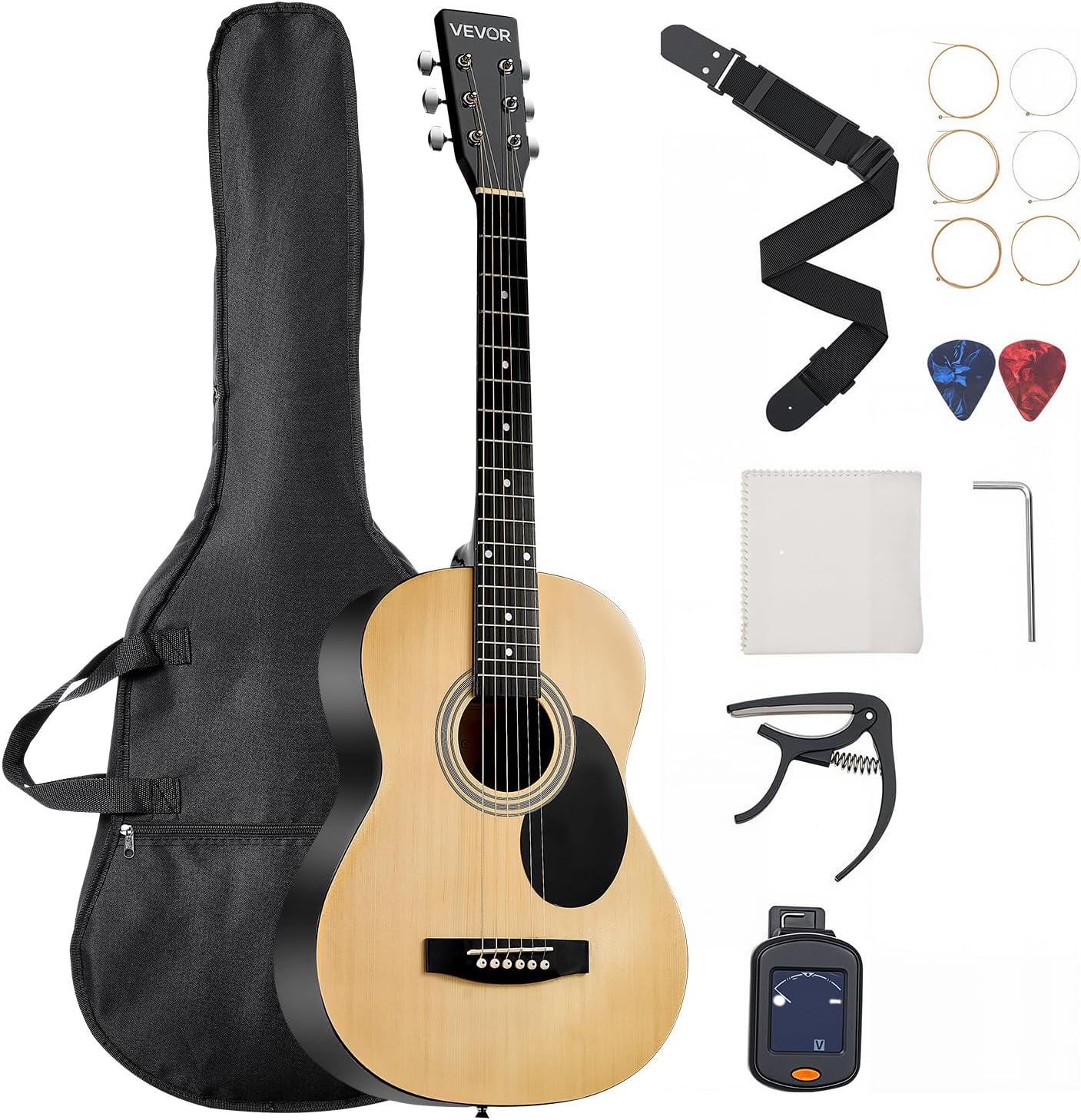 VEVOR Dreadnought Acoustic Guitar, 36 in, 6-String Natural Solid Top Guitar, Portable Bundle with Gig Bag, Tuner, Strap, Steel Strings, Picks, Capo, Rosewood Fingerboard, for Beginner Teen Small Hands
