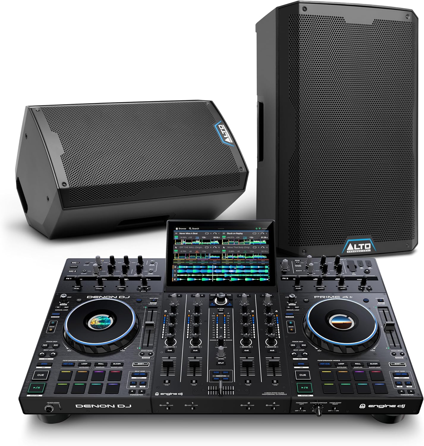 Denon DJ PRIME 4+ DJ Controller and ALTO TS415 Powered PA Speakers Pair for Live Music, DJ sets, Events, Music production