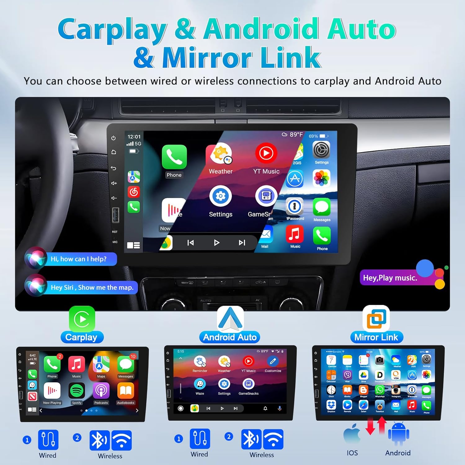 9 Inch Car Stereo Single Din Radio with Wireless Apple Carplay & Android Auto,1 Din Bluetooth Car Audio Recivers Touchscreen with iOS/Android Mirror Link FM Radio/TF/USB/AUX Input+AHD Backup Camera