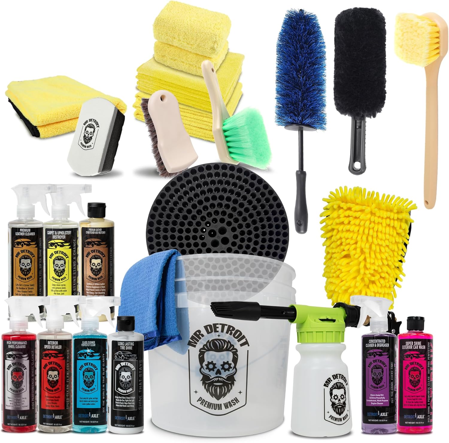 Mr. Detroit - 24pc Car Wash Kit with Foam Blaster, Bucket & Filter, Car Care Cleaners, Towels, Wash Glove, Brushes, Leather Conditioner, Sponge Pads, Exterior and Interior Detailing for Vehicles