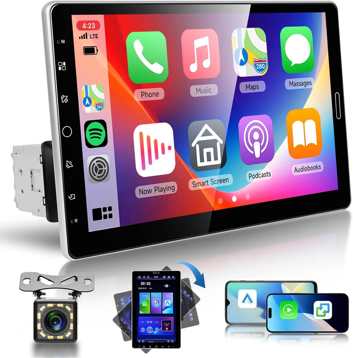 Single DIN Car Stereo with Wireless Carplay & Android Auto-10.1 Inch Vertical Rotatable Touch Screen with Bluetooth,GPS,EQ,FM/RDS Radio,SWC/USB/AUX+Back Up Camera