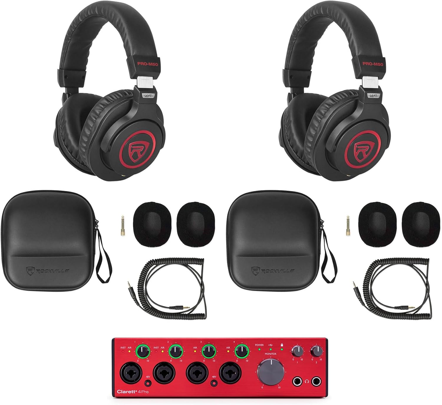 Audiosavings Bundle: Focusrite Clarett+4Pre USB-C Audio Recording Interface, 4 Mic Preamps/JFET/ADAT Bundle with (2) Rockville PRO-M50 SR Studio Headphones+Detachable Coil Cable+Case+Ear Pad (3 Items)