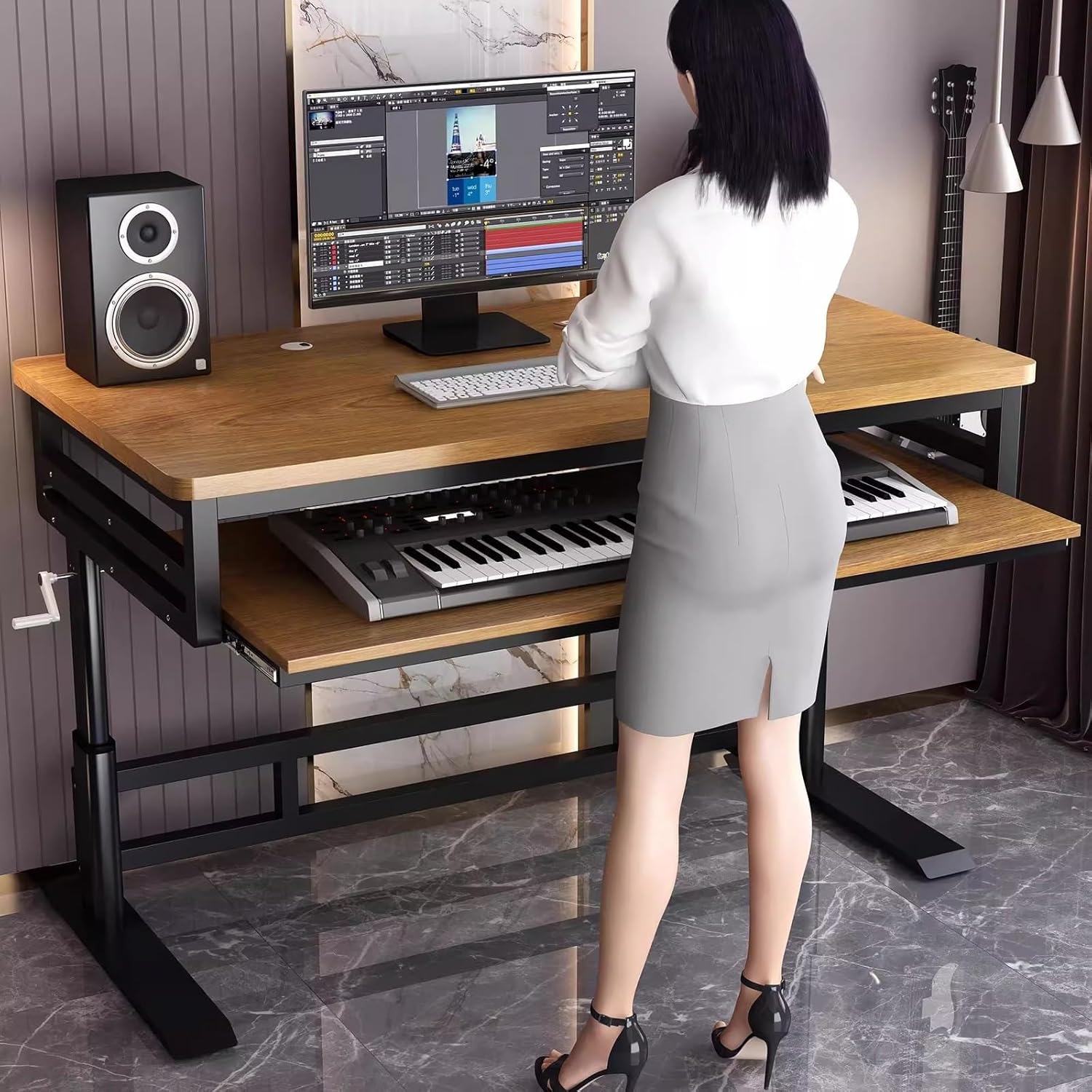 Music Studio Desk Workstation with Keyboard Tray, Office Computer Table with Organized Wiring/Keyboard Shelf Workbench Electronic Piano Midi Production Recording Studio(Walnut Wood+Black Shelf,62in)