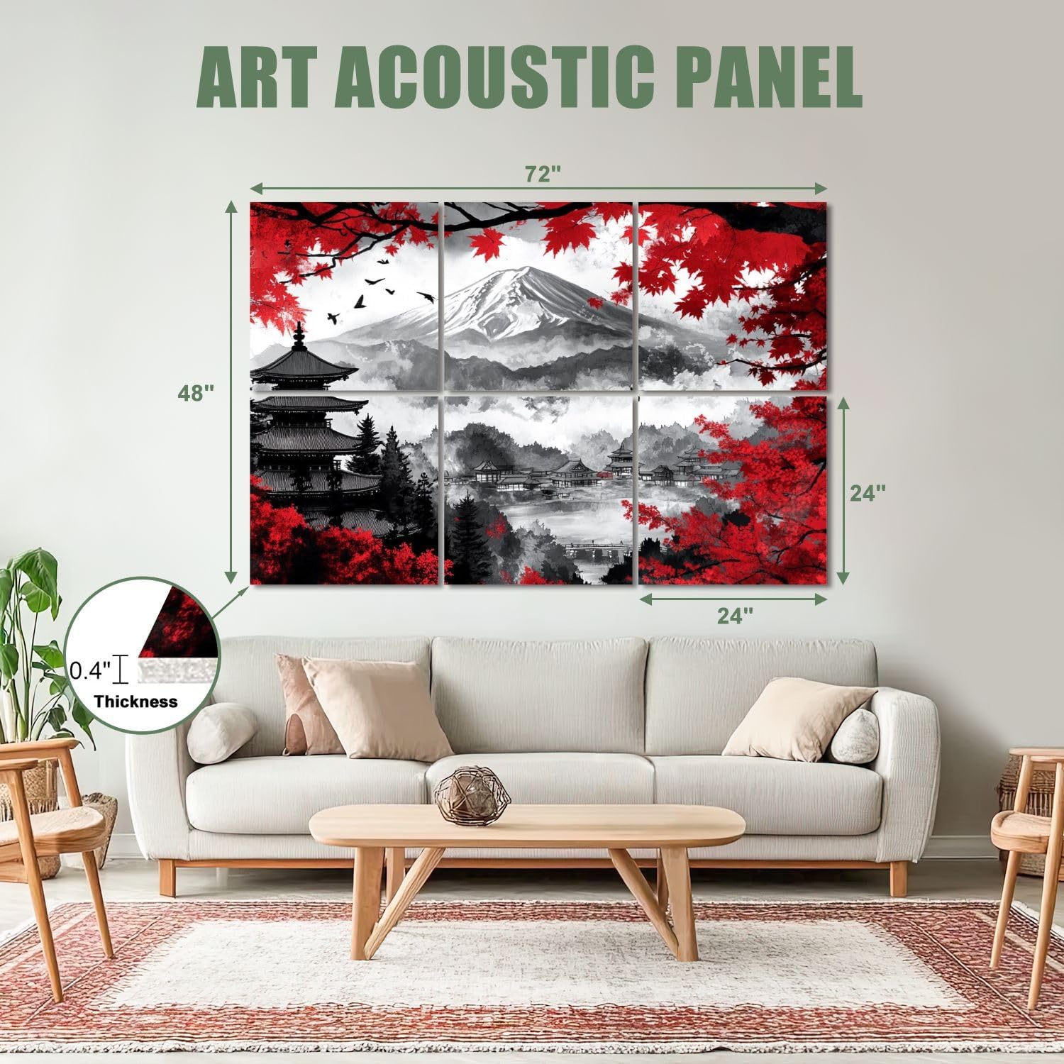 6 Pack Art Acoustic Panels Sound Absorbing Black And White Pop Of Red Japanese Temple Autumn Fall Landscape Mount Decorative Soundproof Wall Panels Self Adhesive for Recording Studios Office 72