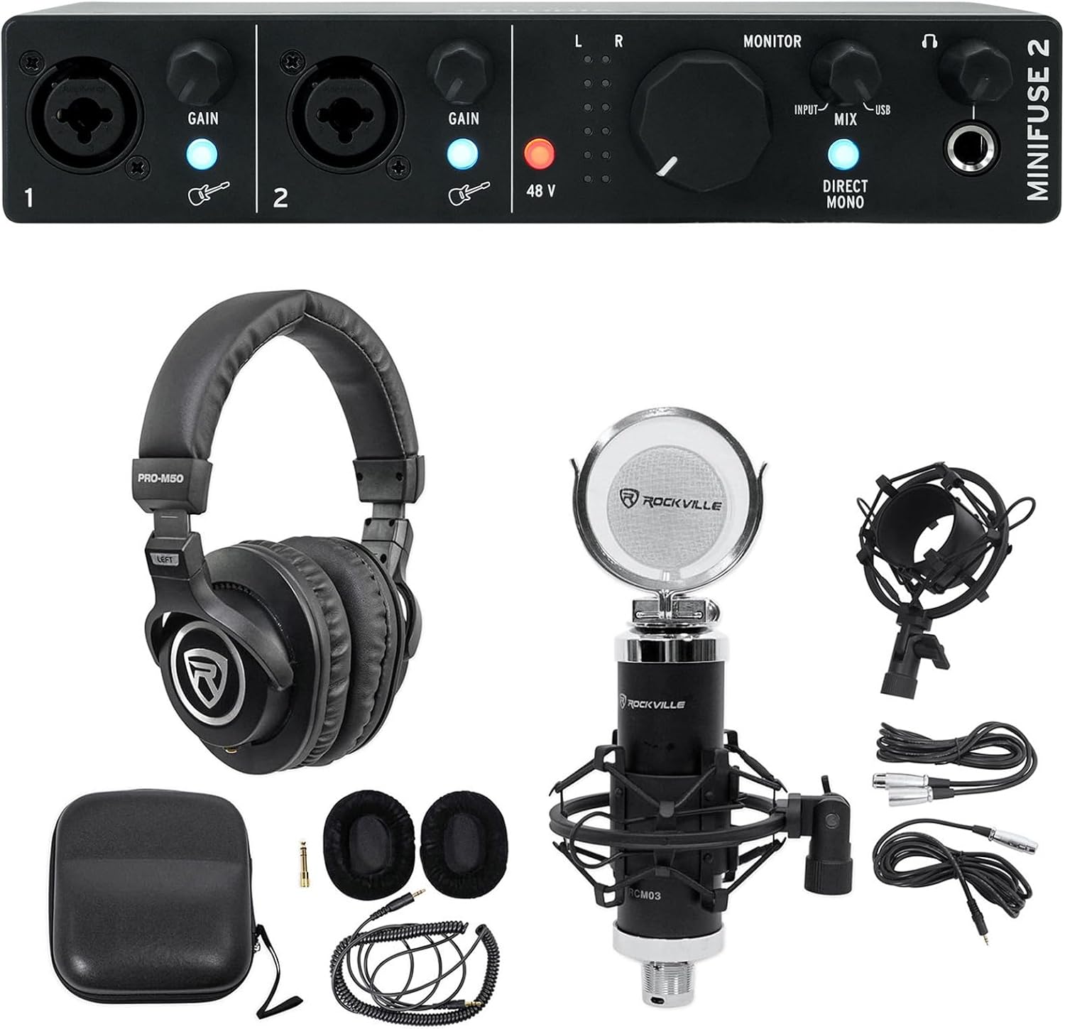 Audiosavings Bundle: Arturia Minifuse 2 Black 2x2 USB MIDI Audio Recording Interface+Software Bundle with Rockville RCM03 Pro Recording Condenser Microphone + Rockville PRO-M50 Headphones(3 Items)