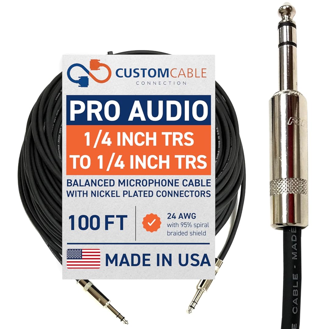 100 Foot Pro Audio REAN 1/4 inch (6.35mm) TRS to REAN 1/4 inch (6.35mm) TRS Balanced Cable with Rean NYS228 Nickel Plated connectors by Custom Cable Connection