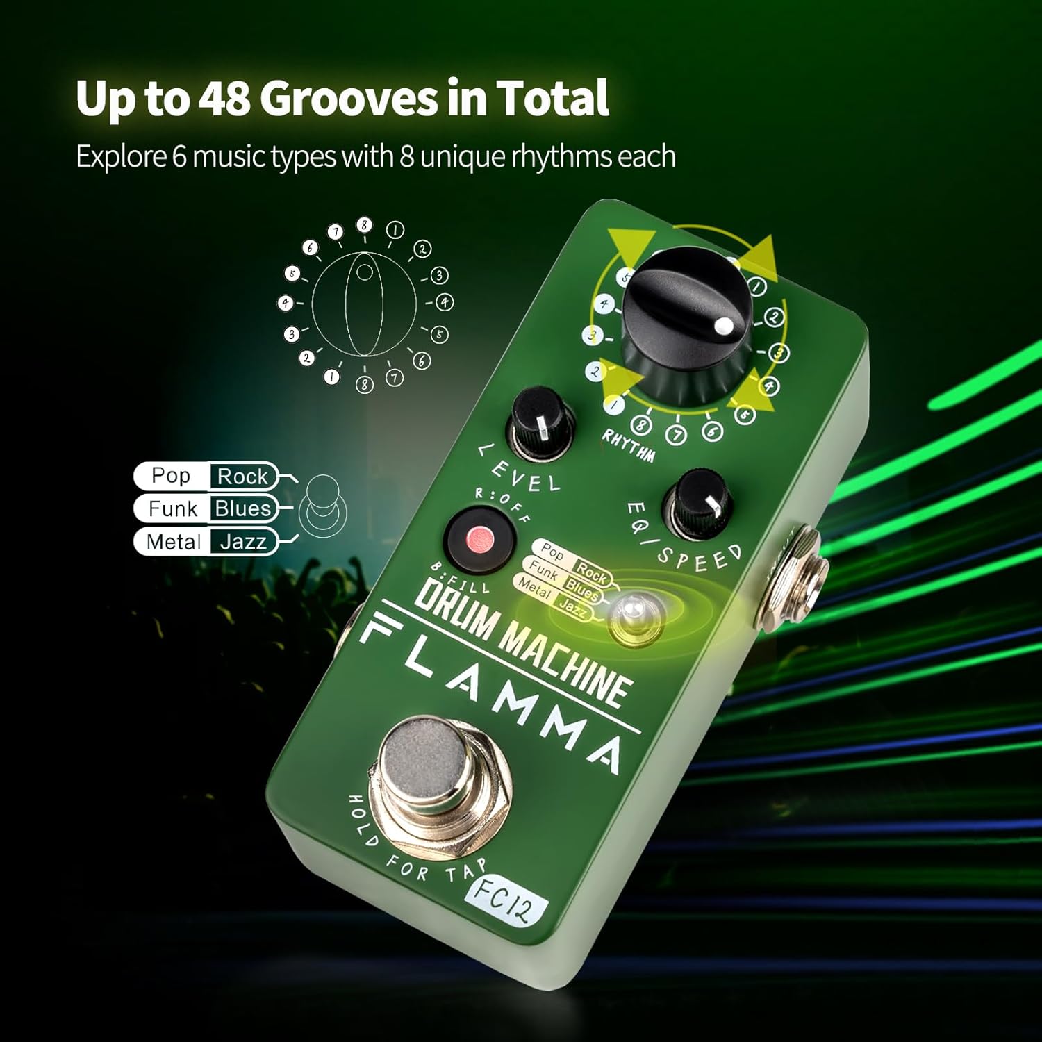 FLAMMA FC12 Drum Machine Guitar Pedal Drum Pedal with Real-Time FILL Function, Guitar Effect Pedal with 48 Drum Grooves 6 Music Styles & Tap Tempo EQ Presets, 44.1kHz/24Bit Mini Pedal