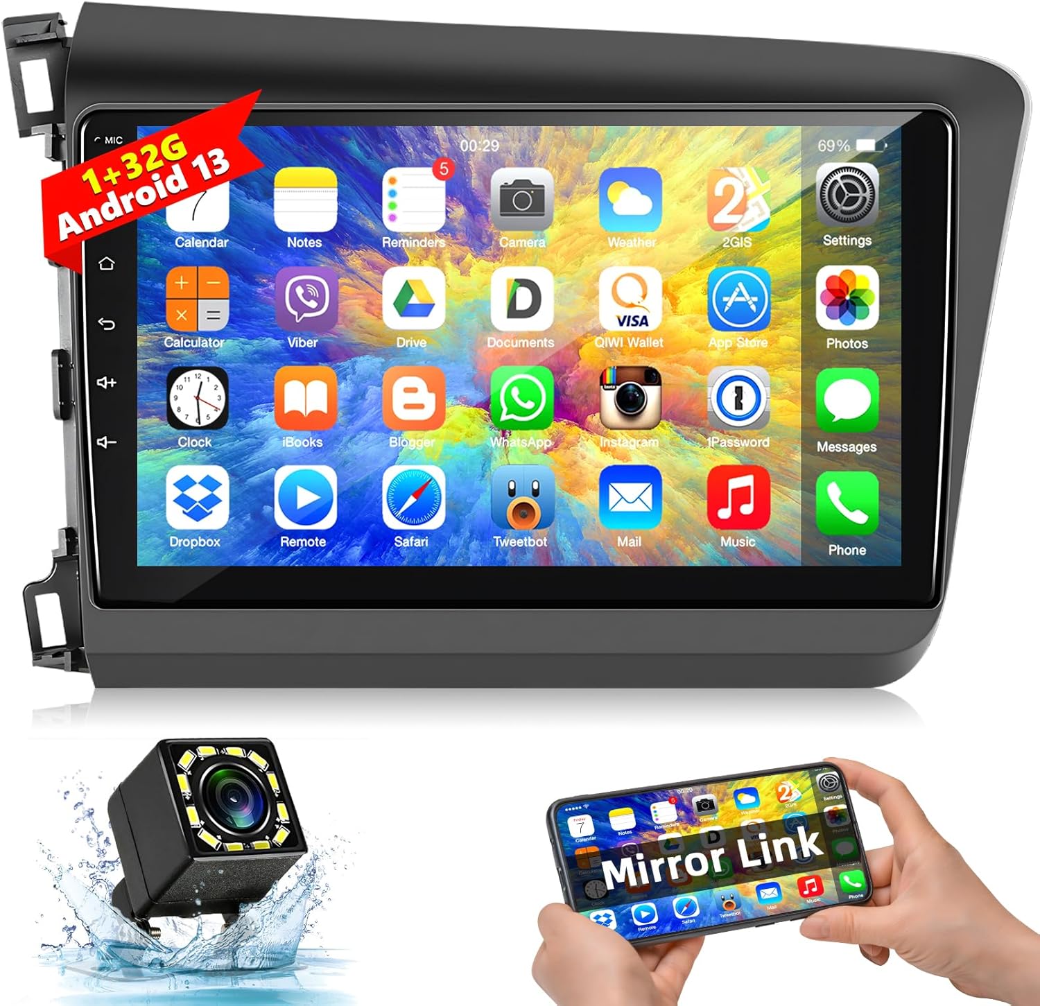 Car Stereo for Honda Civic 2012 2013 2014 2015 with Bluetooth,Podofo Android 13 9 Inch Touchscreen Car Radio Receiver with GPS Navigation/Mirror Link/WiFi/SWC/USB/FM/RDS + AHD Backup Camera