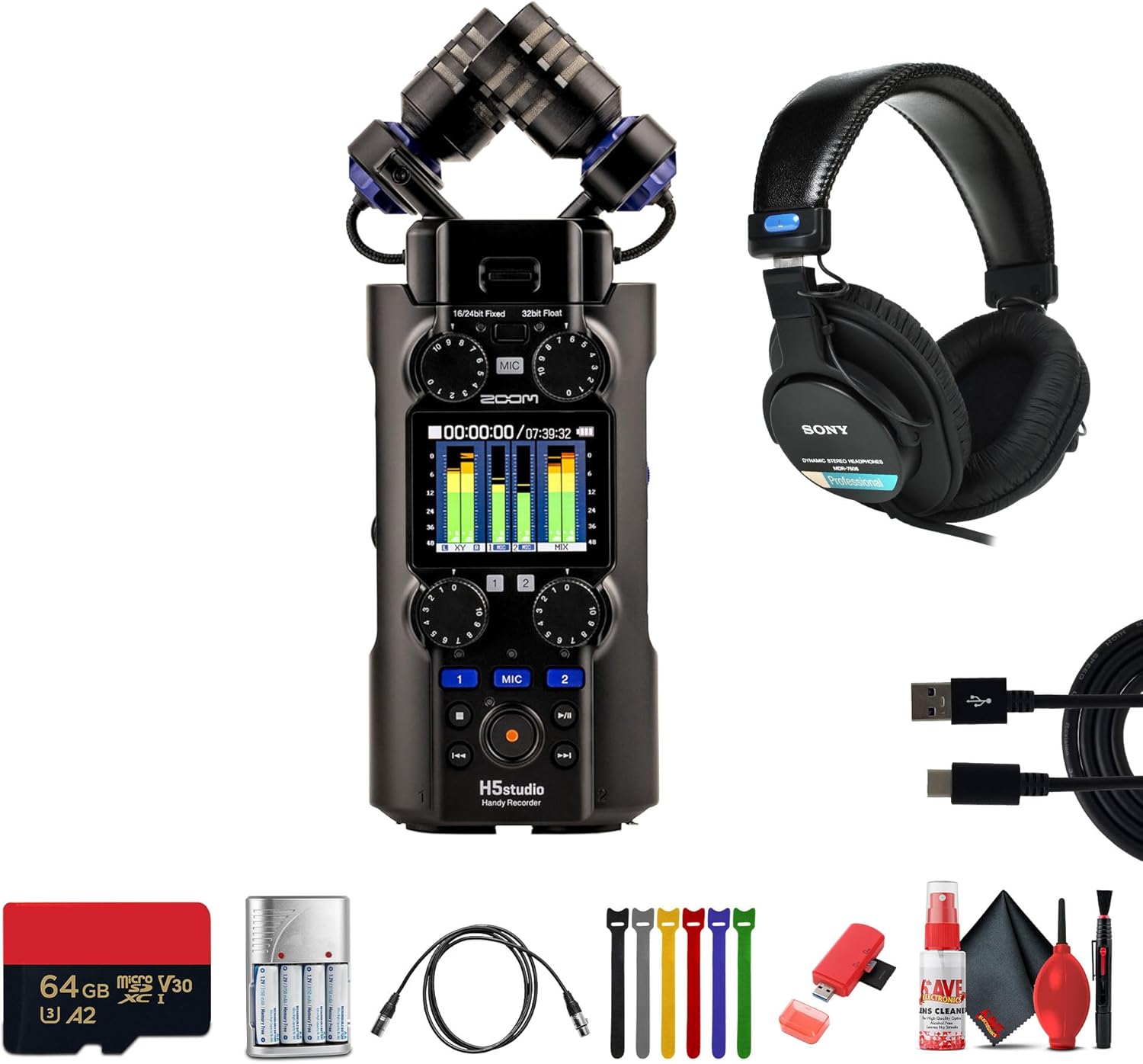 Zoom H5studio 4-Track Handy Recorder with 32-Bit Float Recording Bundle with MDR-7506 Professional Stereo Headphones + More