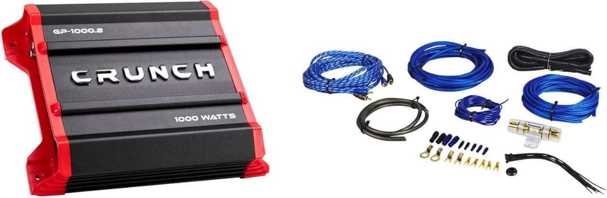 Audiosavings Bundle: Crunch GP-1000.2 Ground Pounder 1000 Watt 2-Channel Amplifier Car Stereo Amp Bundle with Rockville RWK81 8 Gauge Complete Amp Installation Wire Kit with 100% Copper RCA (2 Items)